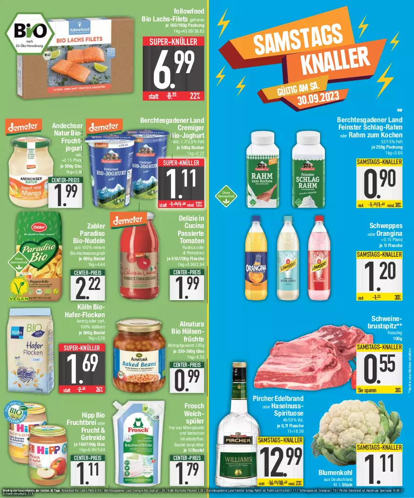 Aktueller Prospekt E Center - Angebote der Woche - von 25.09 bis 30.09.2023 - strona 19 - produkty: andechser natur, asti, Becher, beutel, bio, bio-joghurt, blume, blumen, blumenkohl, Brei, cin, eis, ente, filet, filets, flasche, fleisch, Frosch, frucht, früchte, gin, hafer, hartweizen, haselnuss, hipp, hülsenfrüchte, joghur, joghurt, jogurt, kölln, korn, lachs, natur, natura, nudel, nudeln, nuss, orangina, pircher, reis, schwein, schweine, schweppes, senf, super-knüller, Ti, tomate, tomaten, weichspüler, wein, weine, Zabler, ZTE