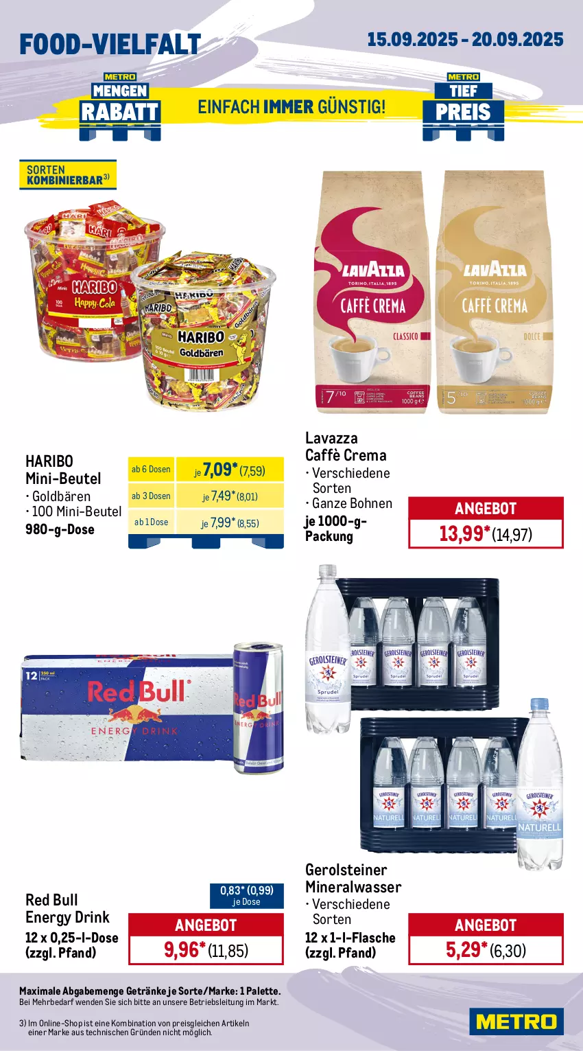 Aktueller Prospekt Metro - Wochen-Angebote Gastro - von 15.09 bis 20.09.2025 - strona 13 - produkty: Alwa, angebot, beutel, bohne, bohnen, braten, caffè crema, drink, eimer, eis, energy drink, flasche, gerolsteine, gerolsteiner, getränk, getränke, goldbären, haribo, hollandaise, homann, knorr, lavazza, lukull, mayonnaise, meica, mineralwasser, Palette, Rauch, red bull, reis, salat, sauce, sauce hollandaise, steiner, Ti, tiefpreis, wasser, würstchen, Yo