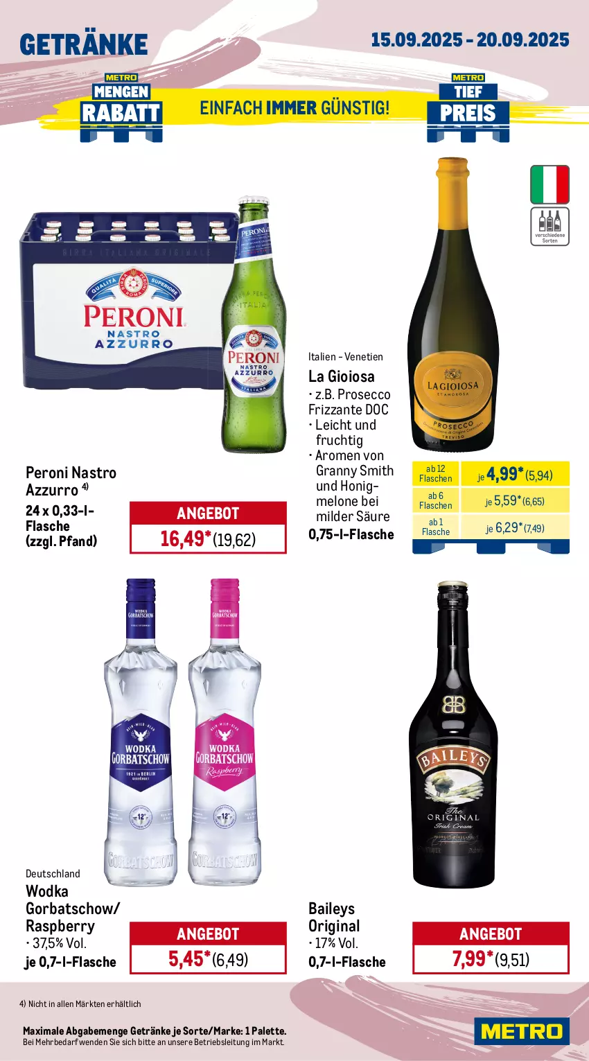 Aktueller Prospekt Metro - Wochen-Angebote Gastro - von 15.09 bis 20.09.2025 - strona 15 - produkty: angebot, angebote, baileys, bohne, caffe, caramel, classico, ecco, eis, espresso, flasche, frizzante, frucht, getränk, getränke, gin, Gorbatschow, honig, honigmelone, La Gioiosa, mac, melone, nivea, nuss, Palette, Peroni, prosecco, raspberry, reis, sirup, Ti, tiefpreis, wodka