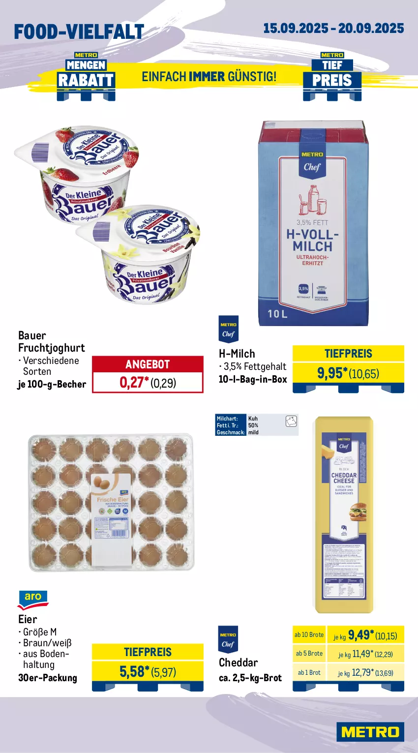 Aktueller Prospekt Metro - Wochen-Angebote Gastro - von 15.09 bis 20.09.2025 - strona 9 - produkty: angebot, auer, bag-in-box, Bau, Bauer, Becher, braun, brot, champignon, champignons, cheddar, eier, eis, frucht, fruchtjoghurt, joghur, joghurt, kartoffel, kartoffeln, mac, mehl, milch, obst, pfanne, pfannen, Pfifferlinge, pommes, Pommes Frites, reis, sac, schnitten, speisekartoffeln, Ti, tiefpreis