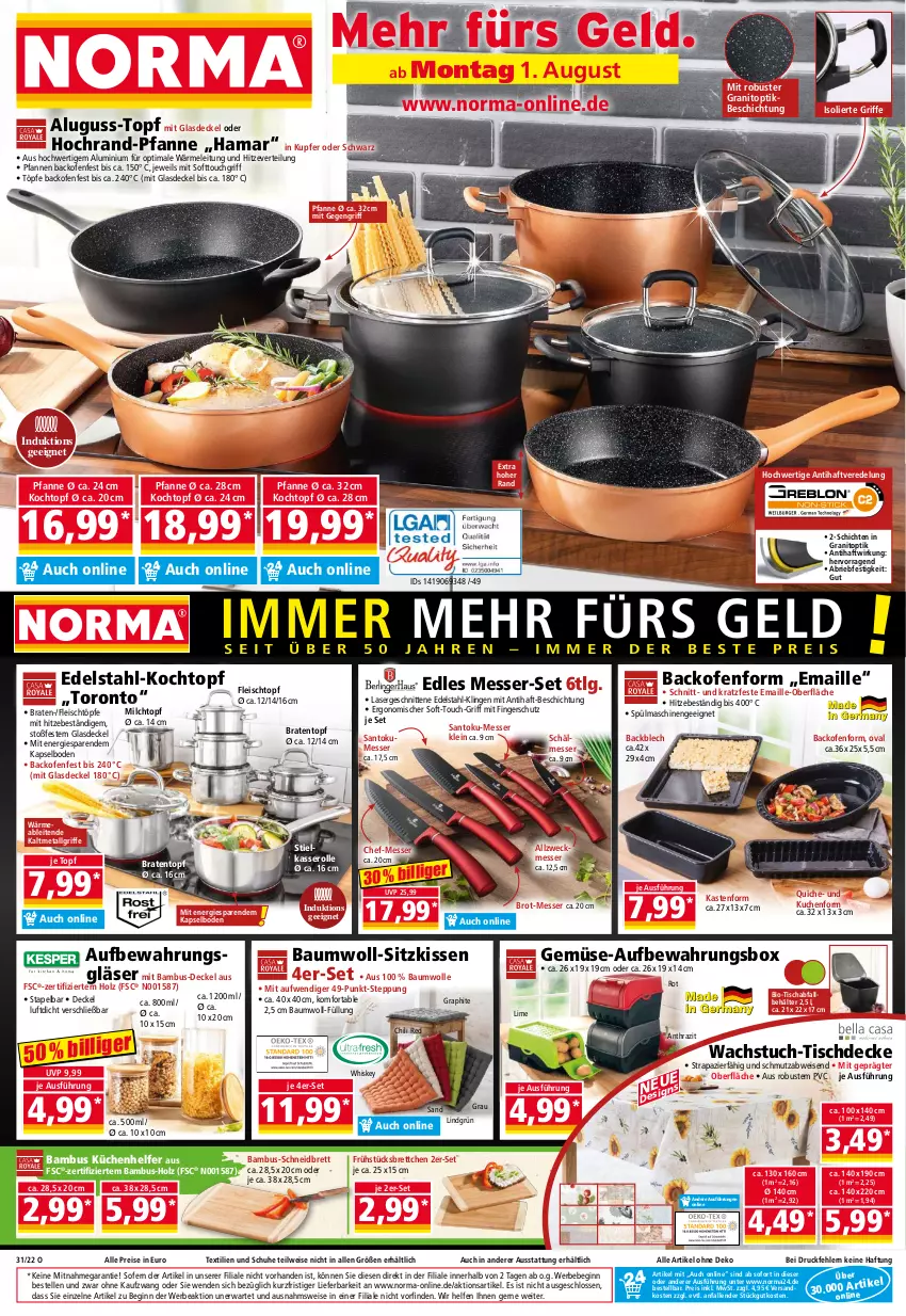 Aktueller Prospekt Norma - Norma - von 01.08 bis 08.08.2022 - strona 1 - produkty: aufbewahrungsbox, backofen, bambus, Bau, baumwolle, Bebe, Behälter, bio, braten, Bratentopf, Brettchen, brie, brot, chili, decke, Deckel, edelstahl, eis, elle, fleisch, Fleischtopf, gin, Glasdeckel, Gläser, hama, Holz, kissen, Kochtopf, küche, Küchen, kuchen, Küchenhelfer, LG, maille, messer, milch, ndk, Ofen, pfanne, Quiche, reis, schnitten, schuhe, sitzkissen, spülmaschinen, stielkasserolle, Ti, tisch, tischdecke, topf, tuc, wachstuch, weck, whiskey, wolle