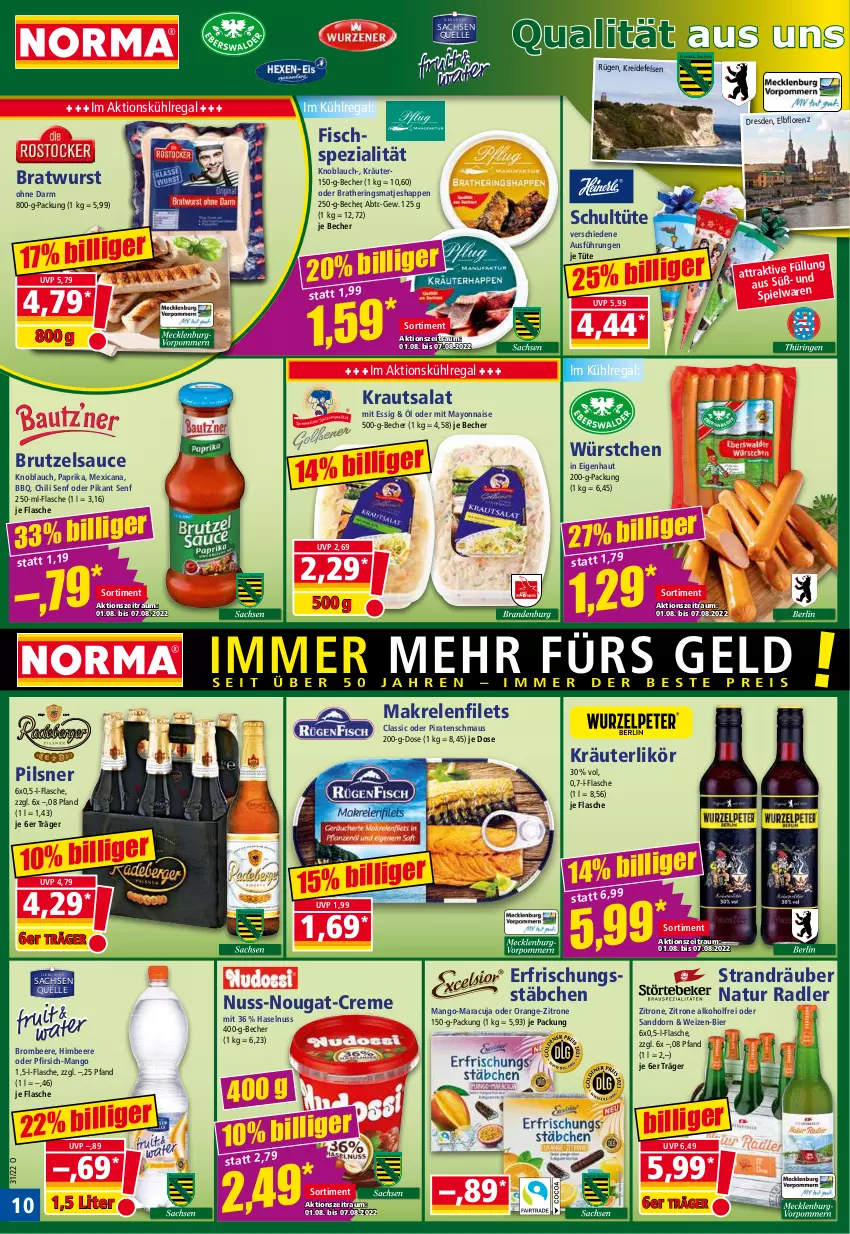 Aktueller Prospekt Norma - Norma - von 01.08 bis 08.08.2022 - strona 10 - produkty: alkohol, Becher, beere, bier, bratwurst, brombeere, brut, burger, chili, creme, elle, essig, filet, filets, fisch, flasche, haselnuss, hering, Herings, himbeer, himbeere, knoblauch, Kraut, kräuter, kräuterlikör, krautsalat, Kreide, kühlregal, likör, lorenz, Makrele, Makrelenfilets, mango, maracuja, matjes, Maus, mayonnaise, natur, natur radler, nuss, nuss-nougat-creme, orange, paprika, pfirsich, pils, pilsner, radler, regal, rel, ring, sac, salat, sanddorn, sauce, senf, Spezi, Ti, Tüte, wurst, würstchen, Yo, zitrone