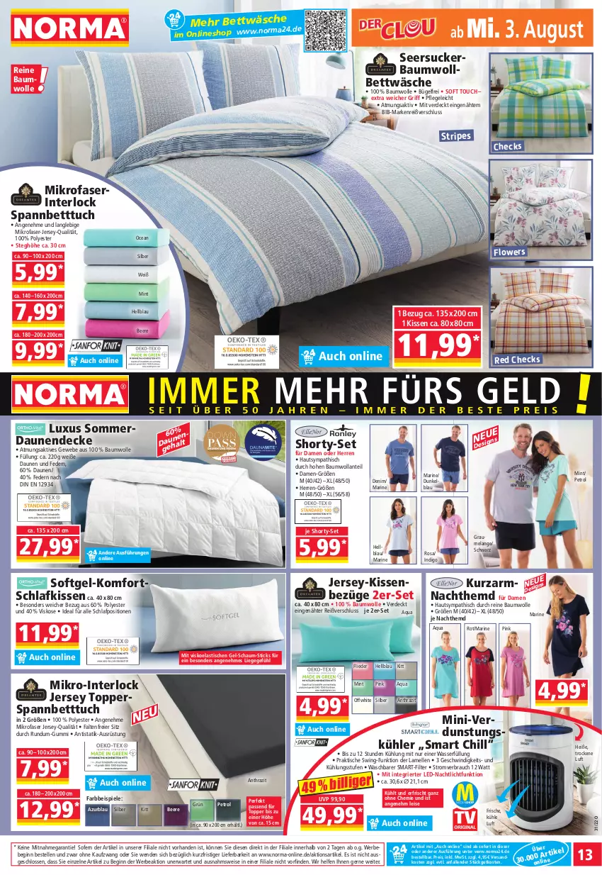 Aktueller Prospekt Norma - Norma - von 01.08 bis 08.08.2022 - strona 13 - produkty: aqua, asti, Bau, baumwolle, Bebe, beere, bett, Betttuch, bettwäsche, bügel, daunen und federn, decke, eier, eis, Elan, elle, erde, flieder, Flowers, gin, hemd, kissen, Liege, mikrofaser, mint, Nachthemd, Nachtlicht, ndk, Rauch, reine baumwolle, reis, seersucker, shorty, spannbetttuch, Spiele, Ti, tisch, topper, tuc, wasser, wolle