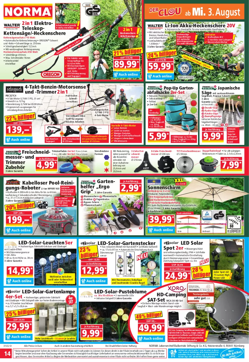 Aktueller Prospekt Norma - Norma - von 01.08 bis 08.08.2022 - strona 14 - produkty: akku, akku-heckenschere, auer, aust, auto, Bau, Bebe, blume, blumen, bürste, Dekofigur, dvb, dvb-s2, edelstahl, eis, Elektro, elle, Garten, gin, Glaskugel, Hartschalenkoffer, heckenschere, Holz, HP, Kette, koffer, kraft, Kugel, ladegerät, Lampe, lebensmittel, leds, Leuchte, leuchten, messer, Mett, mit thermometer, Motorsense, ndk, passend für alle, pflanze, pflanzen, pool, Rauch, Receiver, Reinigung, reis, ring, säge, Schal, Schale, Schere, Schmetterling, sonnenschirm, Teleskop, tender, thermometer, Ti, tisch, wasser, werkzeug, Yo, Zelt