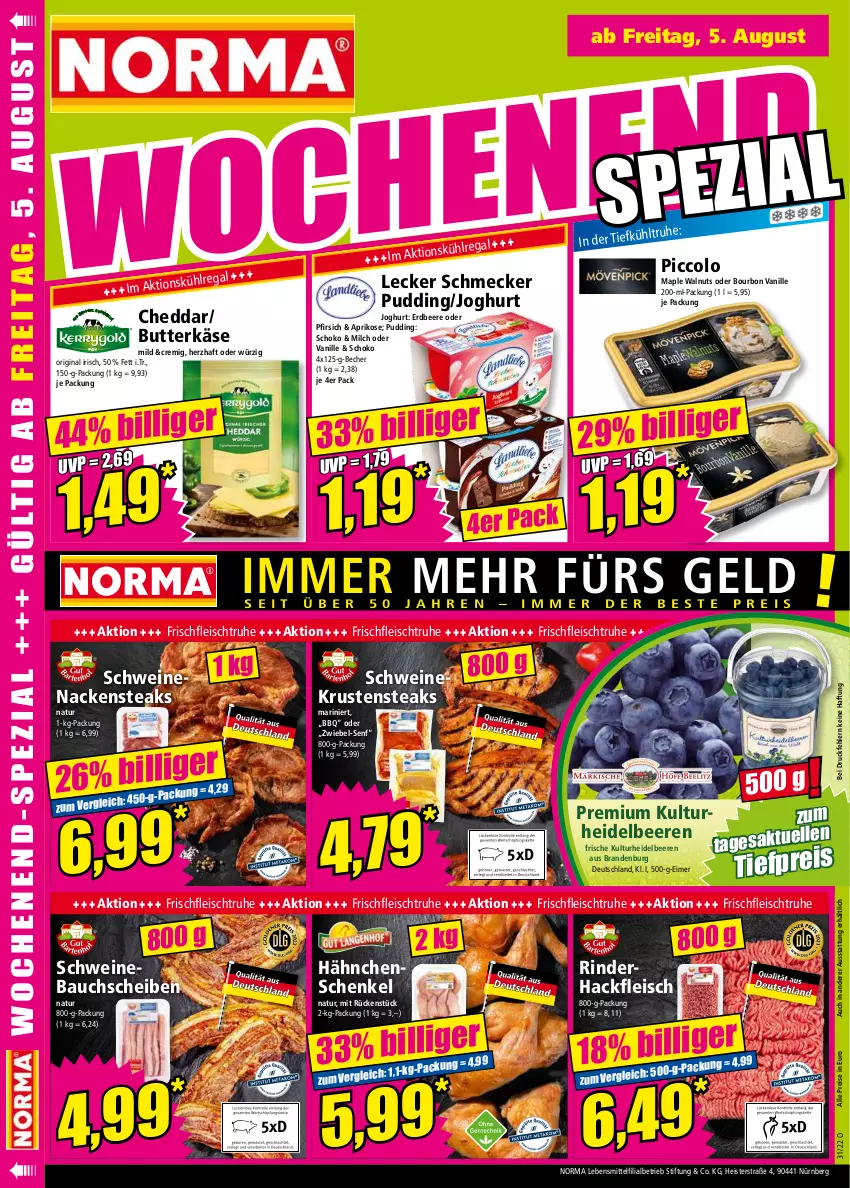 Aktueller Prospekt Norma - Norma - von 01.08 bis 08.08.2022 - strona 16 - produkty: aprikose, Bau, bauchscheiben, Becher, beere, beeren, bourbon, bourbon vanille, butter, butterkäse, cheddar, eimer, eis, erdbeere, fleisch, gin, hackfleisch, hähnchenschenkel, heidelbeere, heidelbeeren, henkel, joghur, joghurt, Käse, lebensmittel, milch, Nackensteak, nackensteaks, natur, pfirsich, pudding, regal, reis, rind, rinder, rinderhackfleisch, schenkel, schoko, schwein, schweine, Schweinebauch, schweinebauchscheiben, schweinenacken, senf, steak, steaks, Ti, tiefpreis, vanille, wein, weine, zwiebel