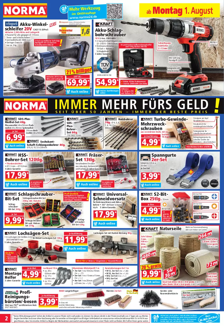 Aktueller Prospekt Norma - Norma - von 01.08 bis 08.08.2022 - strona 2 - produkty: akku, Akku-Schlagbohrschrauber, Akku-Winkelschleifer, aufbewahrungskoffer, Bau, Bebe, Bohrer-Set, Bohrerset, Bohrschrauber, Brei, bürste, bürsten, eis, elle, gin, Holz, koffer, ladegerät, Lampe, LG, lion, natur, ndk, passend für alle, rasen, rasenmäher, reifen, Reinigung, reinigungsbürste, reis, ring, Rippen, rwe, säge, schrauben, Ti, tisch, usb, weck, werkzeug, Winkelschleifer