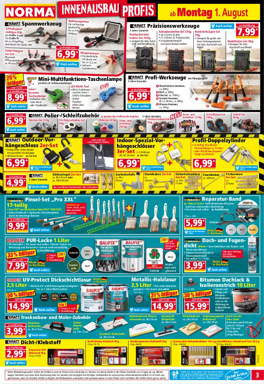 Aktueller Prospekt Norma - Norma - von 01.08 bis 08.08.2022 - strona 3 - produkty: Anhänger, asti, auer, aufbewahrungsbox, Bau, Bebe, Bohrer-Set, Brei, bürste, bürsten, eis, Elan, elle, flasche, flaschenöffner, Garten, gin, gsw, Holz, holzlasur, HP, Kamin, kleber, kraft, lack, Lacke, Lampe, Leuchte, LG, messer, ndk, nuss, Pinsel, PUR-Lack, reis, rel, riegel, säge, schrauben, Schraubendreher, schwamm, Spezi, stichsäge, Tasche, taschen, taschenlampe, Ti, tisch, usb, werkzeug, werkzeuge