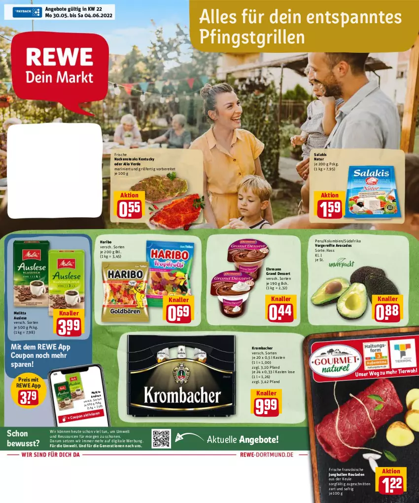 Aktueller Prospekt Rewe - Diese Woche im Angebot! - von 30.05 bis 04.06.2022 - strona 1 - produkty: angebot, angebote, avocado, avocados, coupon, dessert, ehrmann, Ehrmann Grand Dessert, eis, elle, erde, grill, haribo, Heu, jungbullen, krombache, krombacher, melitta, Nackensteak, nackensteaks, natur, reis, rouladen, rum, saft, salakis, schnitten, steak, steaks, Ti, tuc