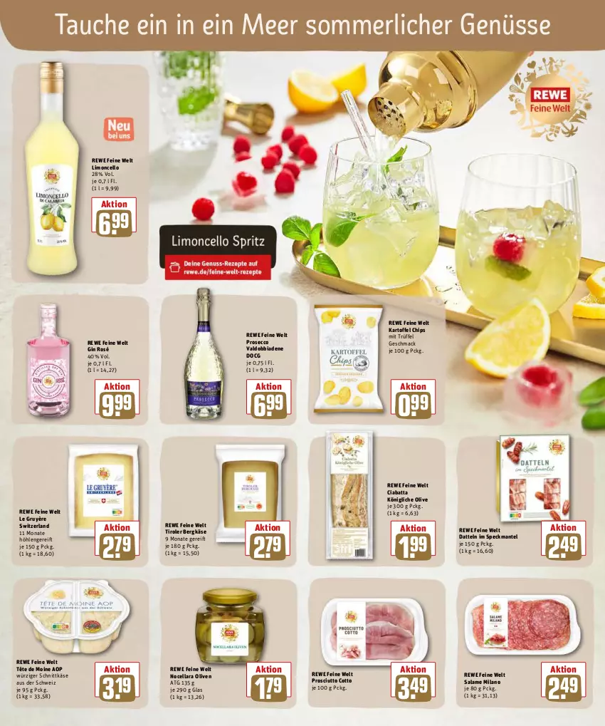 Aktueller Prospekt Rewe - Diese Woche im Angebot! - von 30.05 bis 04.06.2022 - strona 11 - produkty: Bergkäse, chips, ciabatta, Datteln, ecco, gin, kartoffel, Käse, limo, mac, Mantel, merl, olive, oliven, prosciutto, prosciutto cotto, prosecco, rewe feine welt, schnittkäse, Speck, Tête de Moine, Ti, Trüffel, valdo