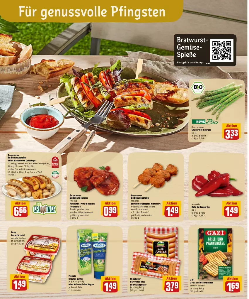 Aktueller Prospekt Rewe - Diese Woche im Angebot! - von 30.05 bis 04.06.2022 - strona 13 - produkty: auer, Bau, Bauer, bio, bratwurst, butter, chili, eis, elle, filet, filets, Frische Hähnchen, grill, hähnchenbrust, hausmarke, kartoffel, kartoffelsalat, Käse, kräuter, medaillons, meggle, minutensteaks, nuss, oder kräuter, paprika, pfanne, pfannen, pfannenkäse, Popp, reis, rewe hausmarke, rezept, salat, schnitten, schwein, schweine, schweinefilet, spargel, Spitzpaprika, steak, steaks, Ti, und pfanne, wein, weine, wiesbauer, wurst