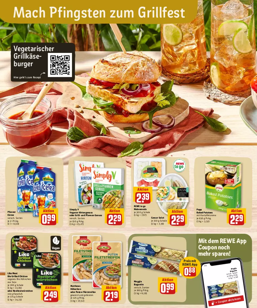 Aktueller Prospekt Rewe - Diese Woche im Angebot! - von 30.05 bis 04.06.2022 - strona 14 - produkty: baguette, baked potatoes, bio, braten, burger, coupon, creme, eis, eistee, filet, filets, gewürz, grill, Grillkäse, kartoffel, Käse, Like Meat, mac, meggle, melone, melonen, nuss, pfanne, pfannen, Pfanner, Popp, potatoes, pute, reifen, reis, rezept, salat, Schal, Schale, sim, soja, tee, Ti, und pfanne, Vegeta, würstchen