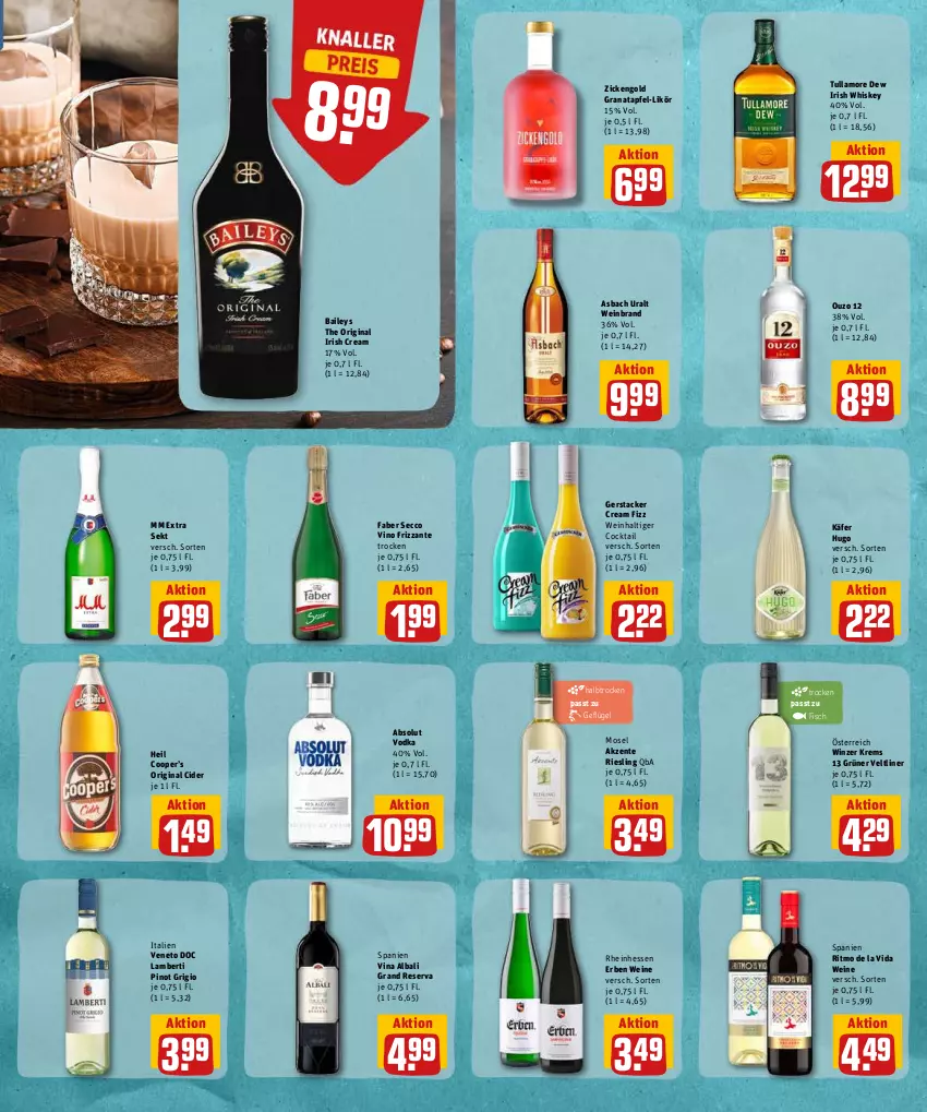 Aktueller Prospekt Rewe - Diese Woche im Angebot! - von 30.05 bis 04.06.2022 - strona 19 - produkty: Absolut Vodka, Amber, apfel, asbach uralt, baileys, cider, cocktail, ecco, ente, fisch, frizzante, Geflügel, gin, grana, granatapfel, grüner veltliner, hugo, irish cream, irish whiskey, käfer, likör, mm extra, ouzo, ouzo 12, Pinot, pinot grigio, Rana, riesling, sekt, Ti, tullamore, tullamore dew, vodka, wein, weinbrand, weine, whiskey