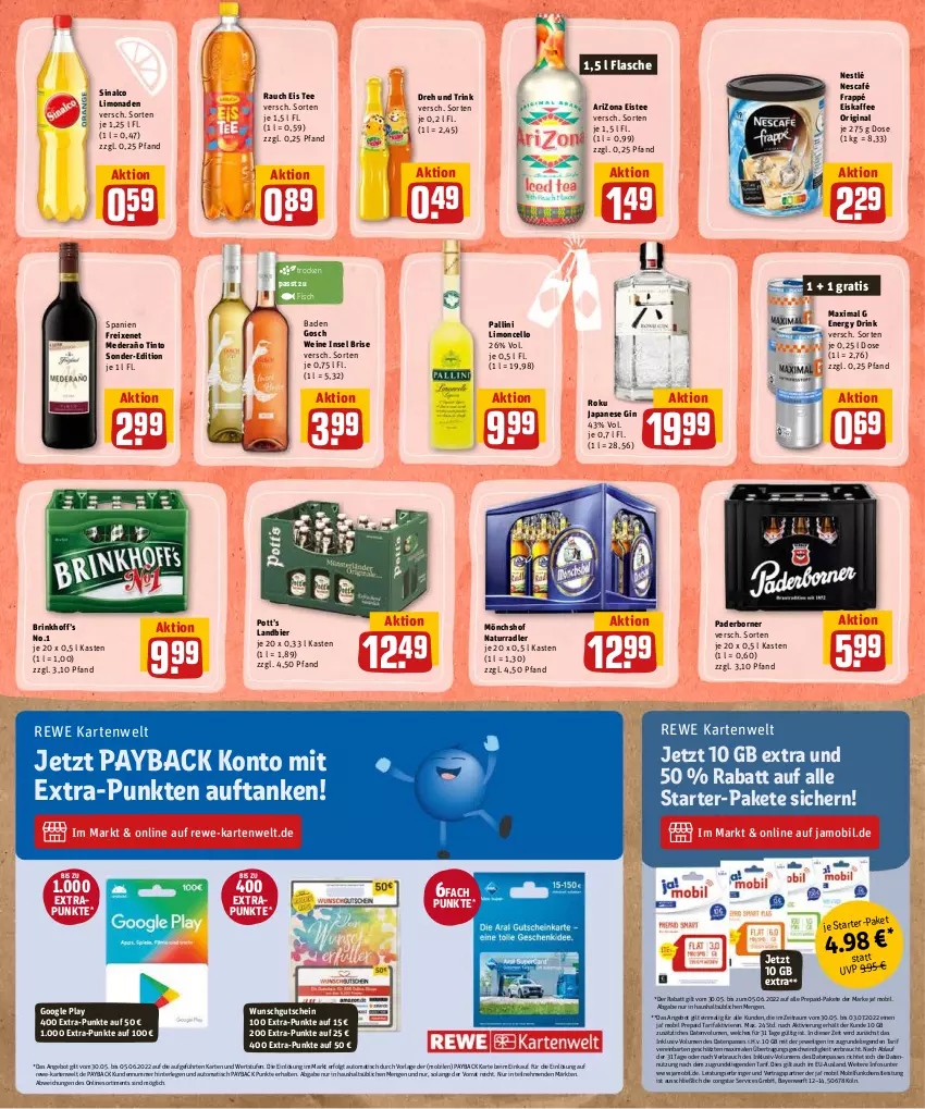 Aktueller Prospekt Rewe - Diese Woche im Angebot! - von 30.05 bis 04.06.2022 - strona 21 - produkty: angebot, auto, Bad, bier, congstar, drink, eis, eiskaffee, eistee, energy drink, fisch, flasche, frappé, freixenet, gin, google play, gutschein, kaffee, LG, Liege, limo, limonade, limonaden, mönchshof, natur, Nescafé, nestlé, payback, radler, Rauch, ring, sinalco, tee, Ti, tisch, wein, weine, ZTE