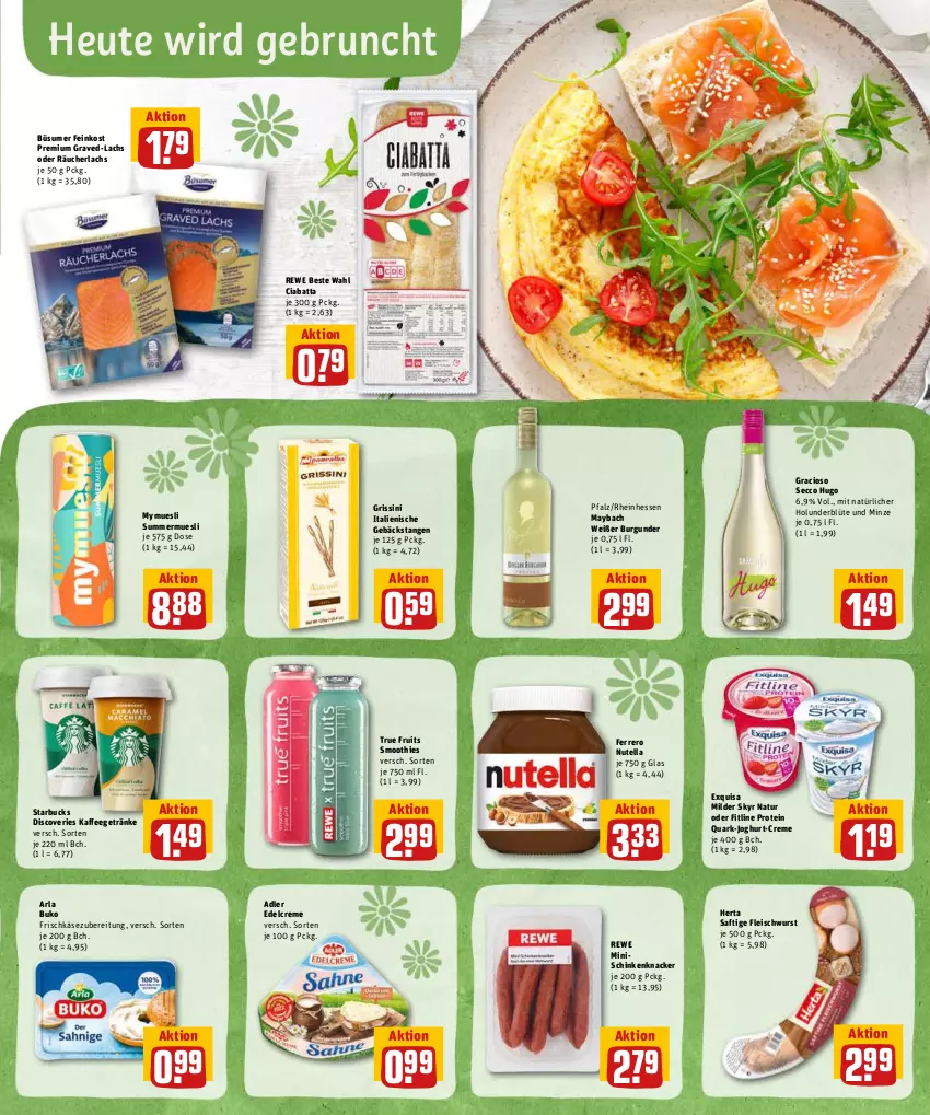 Aktueller Prospekt Rewe - Diese Woche im Angebot! - von 30.05 bis 04.06.2022 - strona 3 - produkty: arla, arla buko, Blüte, Buko, burgunder, ciabatta, creme, ecco, edelcreme, eis, exquisa, feinkost, ferrero, fitline, fleisch, fleischwurst, frischkäse, frischkäsezubereitung, getränk, getränke, gracioso, grissini, herta, Heu, holunder, holunderblüte, hugo, joghur, joghurt, kaffee, Käse, knacker, lachs, maybach, minze, natur, nutella, quark, Räucherlachs, rewe beste wahl, saft, schinken, Skyr, smoothie, smoothies, starbucks, Ti, true fruits, wurst