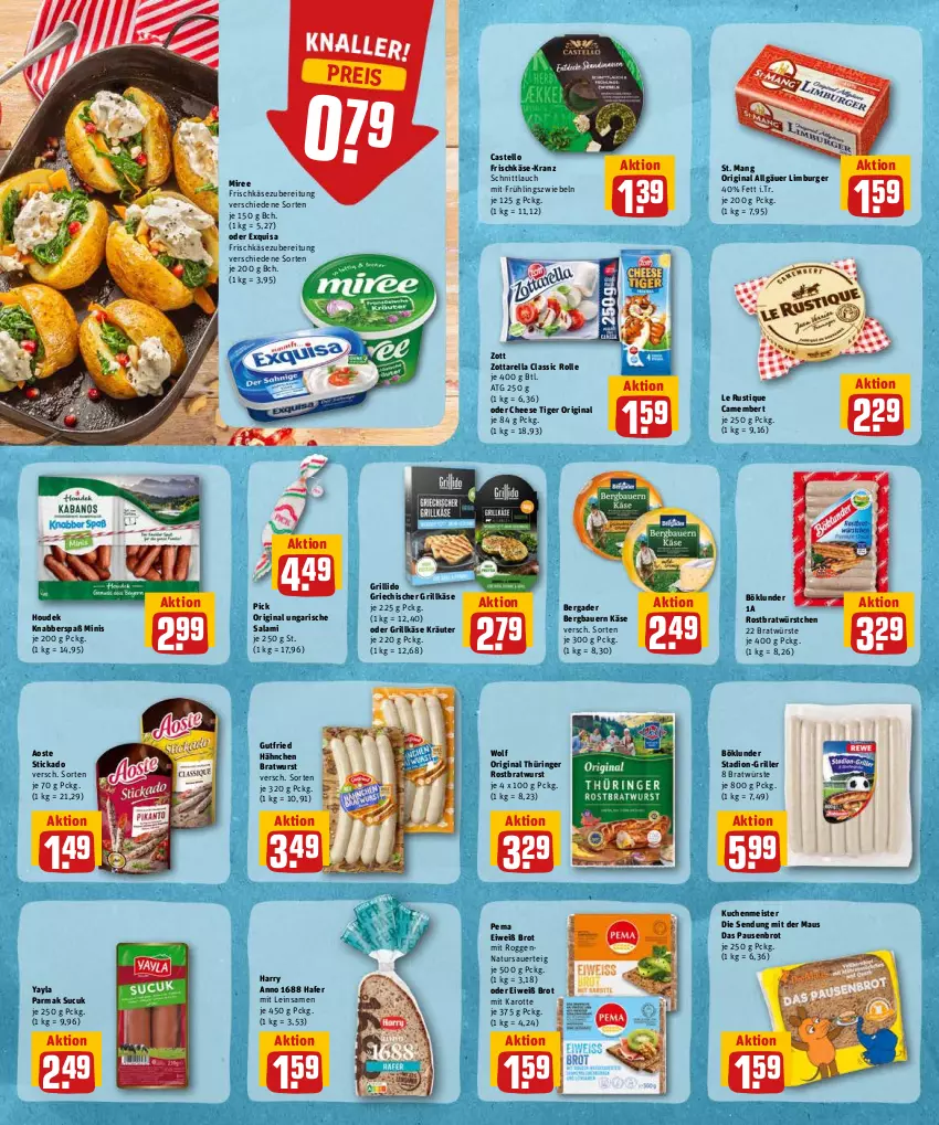 Aktueller Prospekt Rewe - Diese Woche im Angebot! - von 30.05 bis 04.06.2022 - strona 8 - produkty: aoste stickado, auer, Bau, Bauer, bergader, böklunder, bratwurst, brot, burger, camembert, eis, exquisa, exquisa frischkäse, frischkäse, frischkäsezubereitung, gin, grill, Grillkäse, gutfried, hafer, houdek, Käse, Kranz, kräuter, kuchen, kuchenmeister, Le Rustique, LG, Limburger, Maus, Meister, miree, natur, original thüringer, reis, rel, ring, rostbratwurst, salami, schnittlauch, St. Mang, stickado, Sucuk, thüringer rostbratwurst, Ti, Ungarische Salami, wurst, würstchen, zott, zottarella, zwiebel, zwiebeln