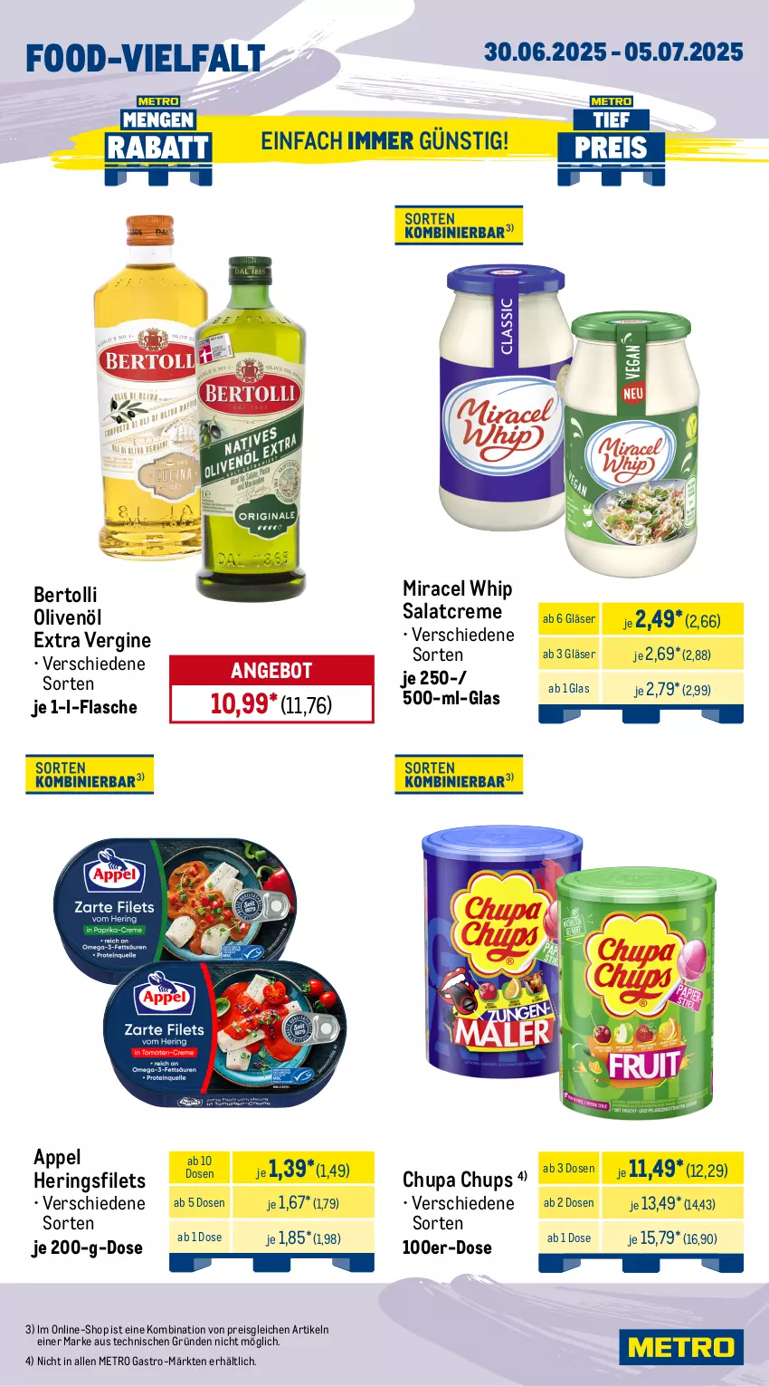 Aktueller Prospekt Metro - Wochen-Angebote - von 30.06 bis 05.07.2025 - strona 11 - produkty: angebot, baguette, baguettes, bertolli, chupa, chupa chups, creme, Donut, donuts, eis, filet, filets, flasche, geback, gin, Gläser, hering, Herings, heringsfilets, Käse, leberkäs, leberkäse, meggle, Metro, metro gastro, milka, miracel, miracel whip, Ofen, olive, oliven, olivenöl, olivenöl extra, reis, ring, salat, salatcreme, schoko, Ti, tiefpreis, wurst
