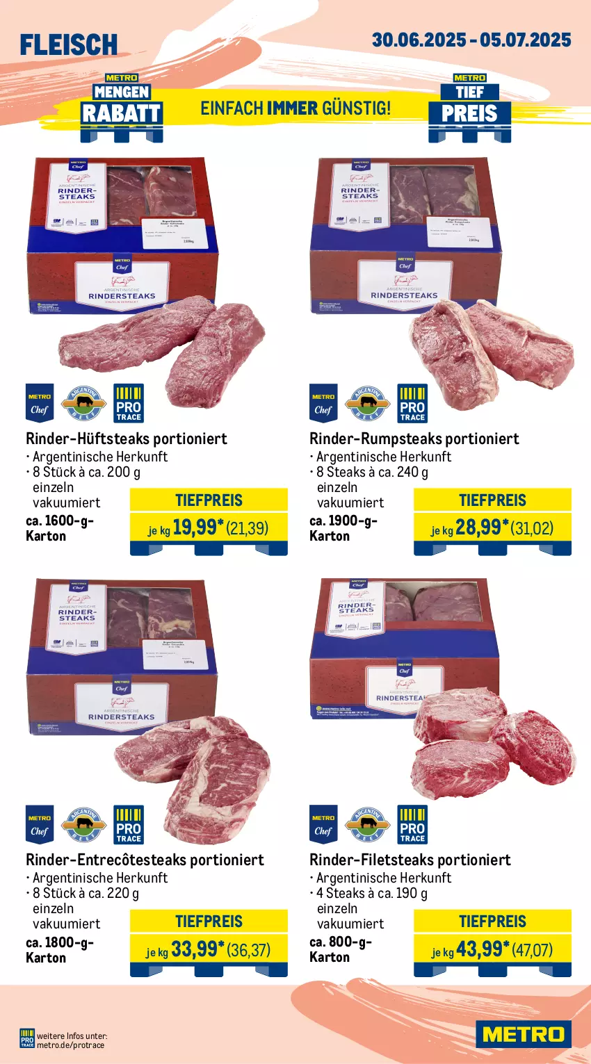 Aktueller Prospekt Metro - Wochen-Angebote - von 30.06 bis 05.07.2025 - strona 4 - produkty: Abtei, angebot, angebote, aqua, eis, entrecôte, filet, filets, fisch, fische, Fischer, fleisch, frischfisch, hüftsteak, hüftsteaks, lachs, lachsfilet, Metro, reis, Ria, rind, rinder, rinder-rumpsteak, Rotbarsch, rotbarschfilet, rum, rumpsteak, rwe, Schere, steak, steaks, teppich, thunfisch, Ti, tiefpreis, Wild