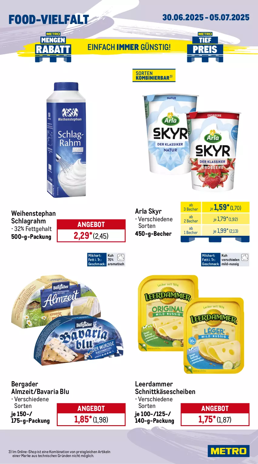 Aktueller Prospekt Metro - Wochen-Angebote - von 30.06 bis 05.07.2025 - strona 9 - produkty: angebot, arla, arla skyr, bavaria blu, Becher, bergader, cherrytomaten, eis, Gemüsezwiebel, Käse, käsescheiben, leerdammer, mac, milch, nuss, obst, paprika, paprika rot, reis, Ria, salat, salatherzen, schlagrahm, schnittkäse, schnittkäsescheiben, Skyr, Ti, tisch, tomate, tomaten, weihenstephan, zwiebel, zwiebeln