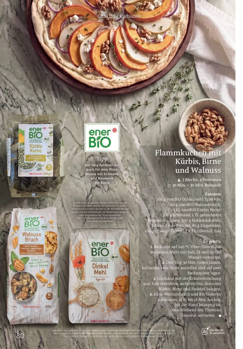 Aktueller Prospekt Rossmann - Prospekte - von 28.09.2026 bis 03.01.2027 - strona 80 - produkty: backofen, bier, Biere, bio, dinkelmehl, flammkuchen, Käse, kräuter, Kräutermischung, kuchen, Kürbis, kürbiskerne, lamm, leitz, LG, mehl, Mode, nuss, Ofen, olive, oliven, olivenöl, papier, pizza, rezept, rezepte, rosmarin, Rote Zwiebel, salz, schmand, Ti, walnuss, wasser, ziegenkäse, zwiebel