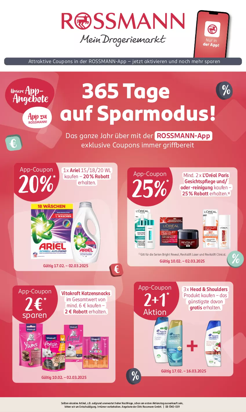 Aktueller Prospekt Rossmann - Prospekte - von 31.01 bis 06.04.2025 - strona 1 - produkty: angebot, angebote, ariel, Clin, coupon, coupons, gesichtspflege, katzensnack, katzensnacks, kraft, Reinigung, Revital, revitalift, snack, snacks, Ti, vita, vitakraft