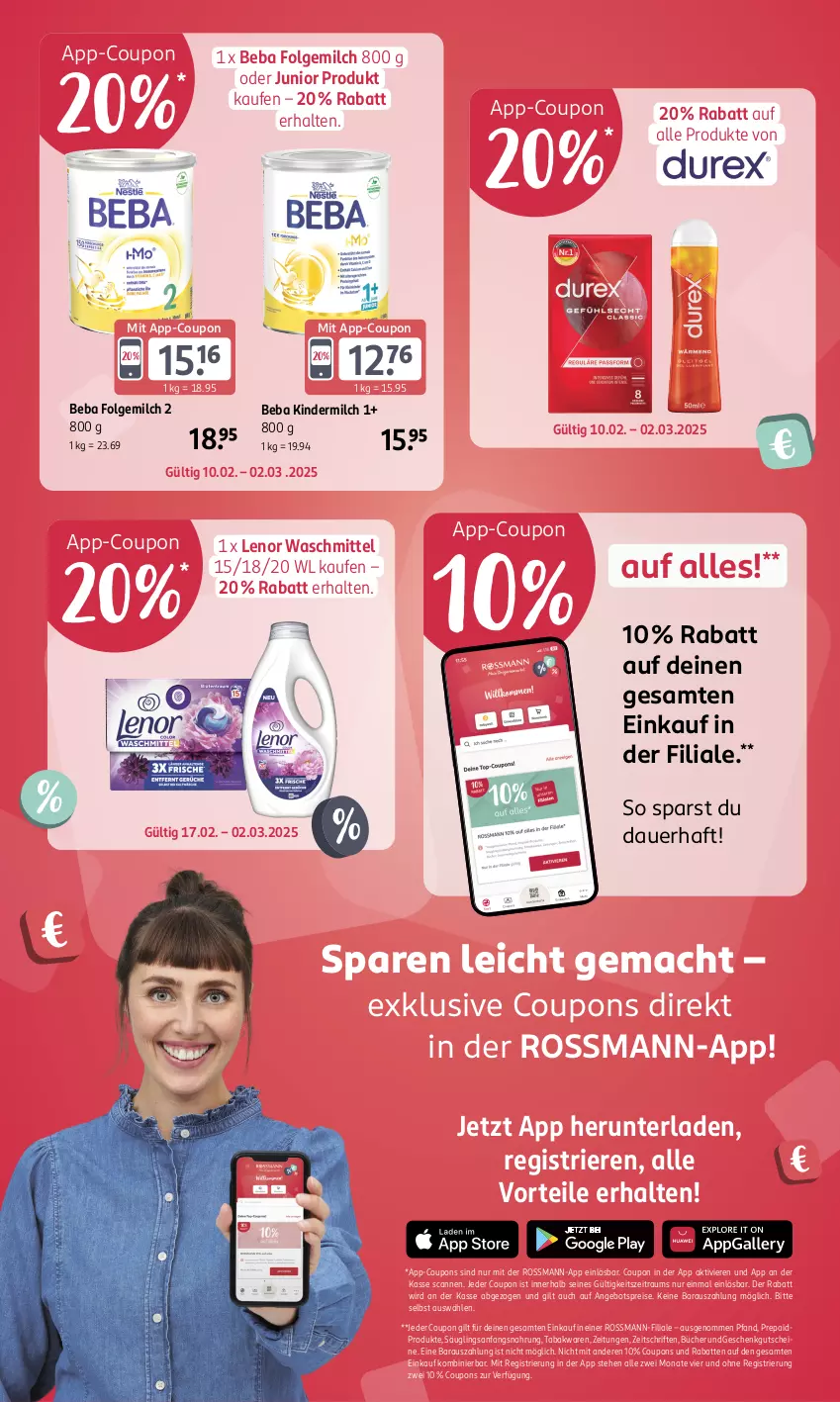 Aktueller Prospekt Rossmann - Prospekte - von 31.01 bis 06.04.2025 - strona 2 - produkty: angebot, angebotspreis, auer, Beba, coupon, coupons, eis, folgemilch, gutschein, gutscheine, Kinder, kindermilch, lenor, lenor waschmittel, LG, mac, milch, reis, Ti, waschmittel