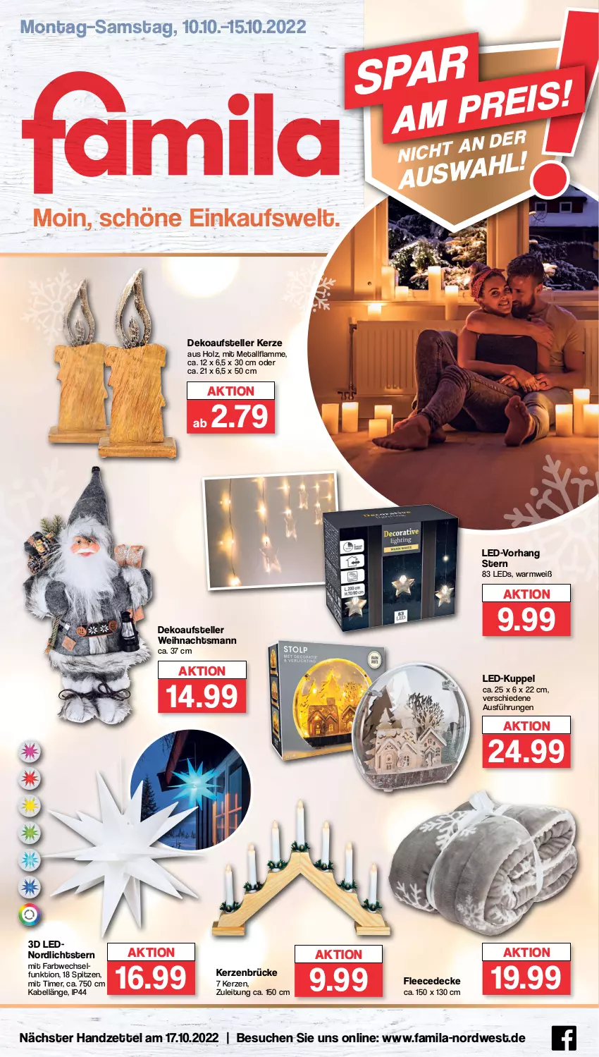 Aktueller Prospekt Famila - Prospekte - von 10.10 bis 15.10.2022 - strona 1 - produkty: decke, elle, fleecedecke, Holz, kerze, lamm, leds, teller, Ti, timer