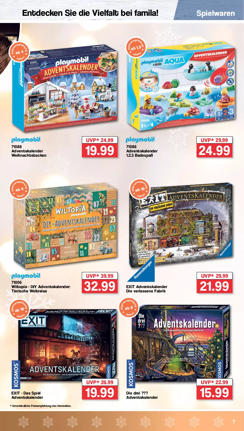 Aktueller Prospekt Famila - Prospekte - von 10.10 bis 15.10.2022 - strona 7 - produkty: Adventskalender, Bad, decke, eis, elle, reis, spielwaren, teller, Ti