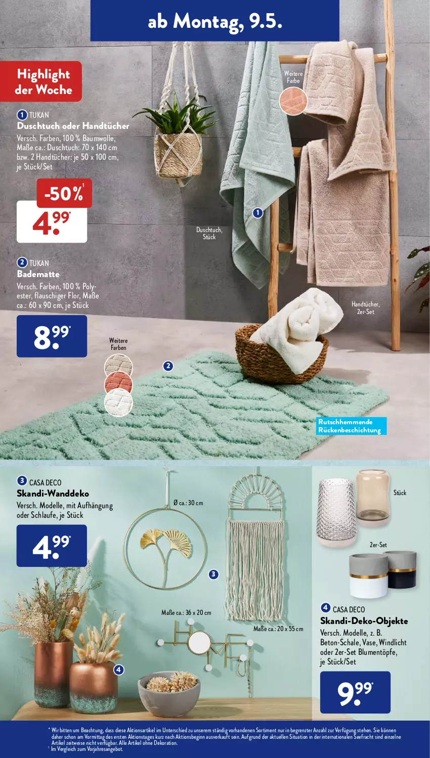 Aktueller Prospekt AldiSud - ALDI Aktuell - von 09.05 bis 14.05.2022 - strona 13 - produkty: alle artikel ohne dekoration, angebot, Bad, badematte, Bau, baumwolle, blume, blumen, casa deco, dekoration, dell, duschtuch, eis, elle, gin, handtücher, Mode, reis, resa, Schal, Schale, Ti, tuc, tücher, Vase, Wanddeko, windlicht, wolle, ZTE