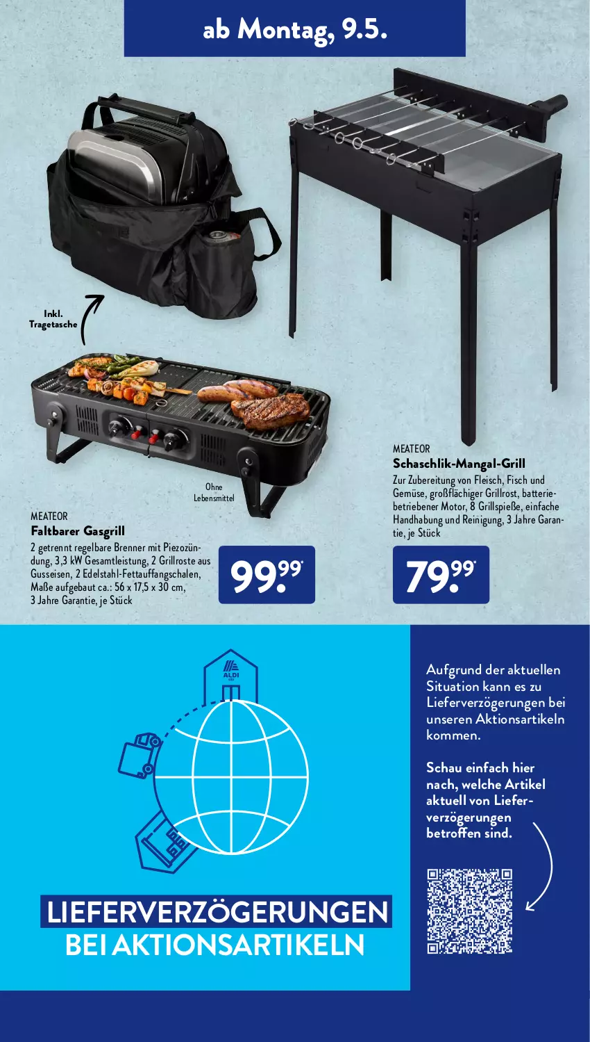 Aktueller Prospekt AldiSud - ALDI Aktuell - von 09.05 bis 14.05.2022 - strona 17 - produkty: batterie, Bau, edelstahl, eis, elle, fisch, fleisch, gasgrill, grill, grillrost, Grillspieße, lebensmittel, Reinigung, Schal, Schale, Tasche, Ti, tragetasche, und gemüse