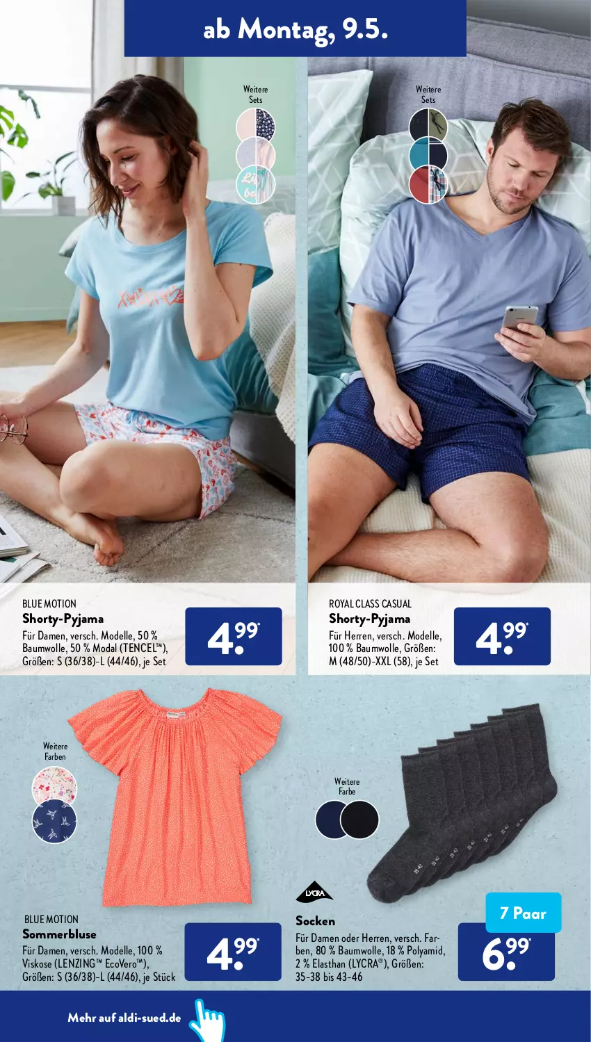 Aktueller Prospekt AldiSud - ALDI Aktuell - von 09.05 bis 14.05.2022 - strona 18 - produkty: aldi, Bau, baumwolle, bluse, dell, ecovero, elle, lenzing, Mode, Pyjama, shorty, shorty-pyjama, socken, Ti, wolle