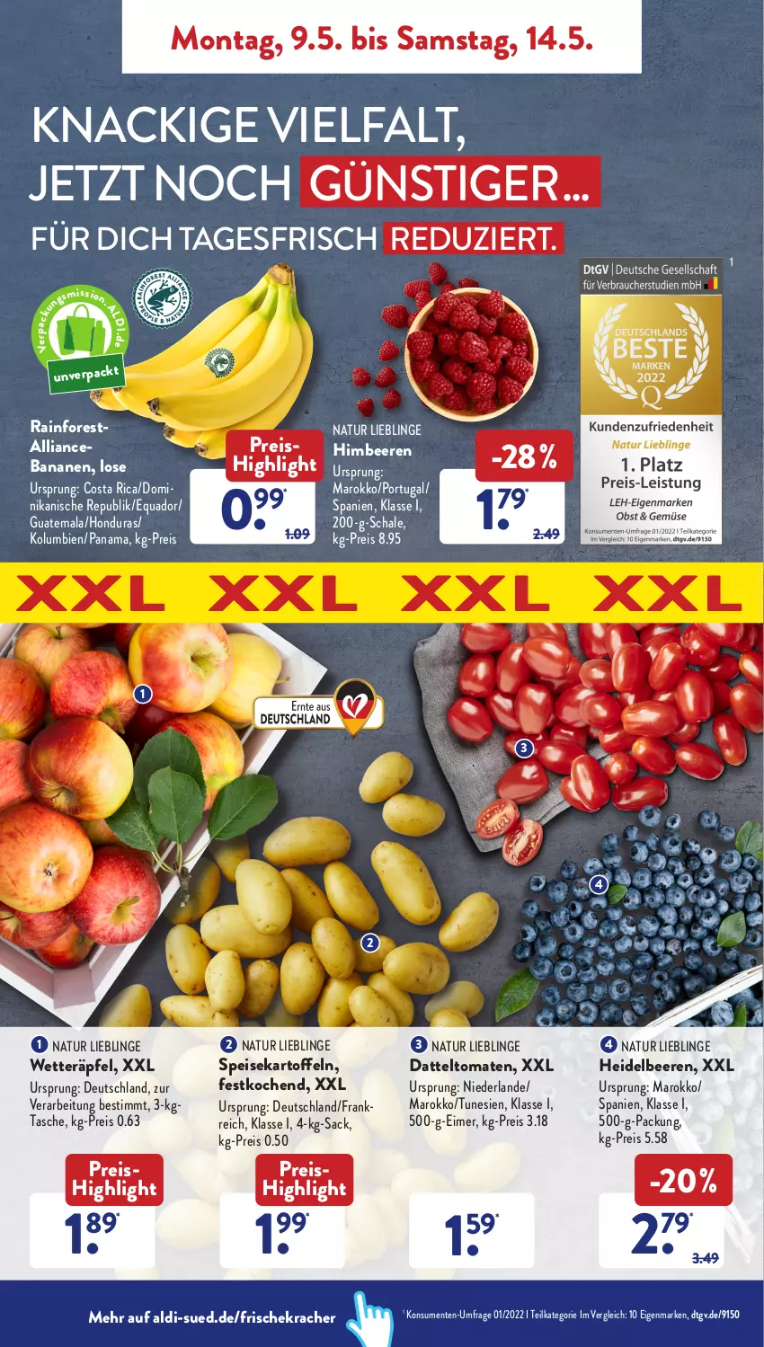 Aktueller Prospekt AldiSud - ALDI Aktuell - von 09.05 bis 14.05.2022 - strona 2 - produkty: aldi, banane, bananen, beere, beeren, datteltomaten, eimer, eis, ente, heidelbeere, heidelbeeren, himbeer, himbeere, himbeeren, kartoffel, kartoffeln, kracher, natur, quad, reis, sac, Schal, Schale, speisekartoffeln, Tasche, Ti, tomate, tomaten