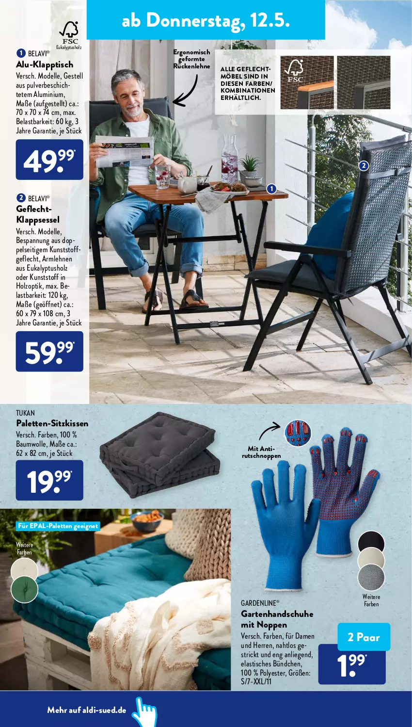 Aktueller Prospekt AldiSud - ALDI Aktuell - von 09.05 bis 14.05.2022 - strona 30 - produkty: aldi, armlehnen, asti, Bau, baumwolle, dell, elle, gardenline®, Garten, handschuhe, Holz, kissen, klappsessel, klapptisch, kunststoffgeflecht, Liege, möbel, Mode, Palette, rückenlehne, schuhe, sessel, sitzkissen, Ti, tisch, wolle