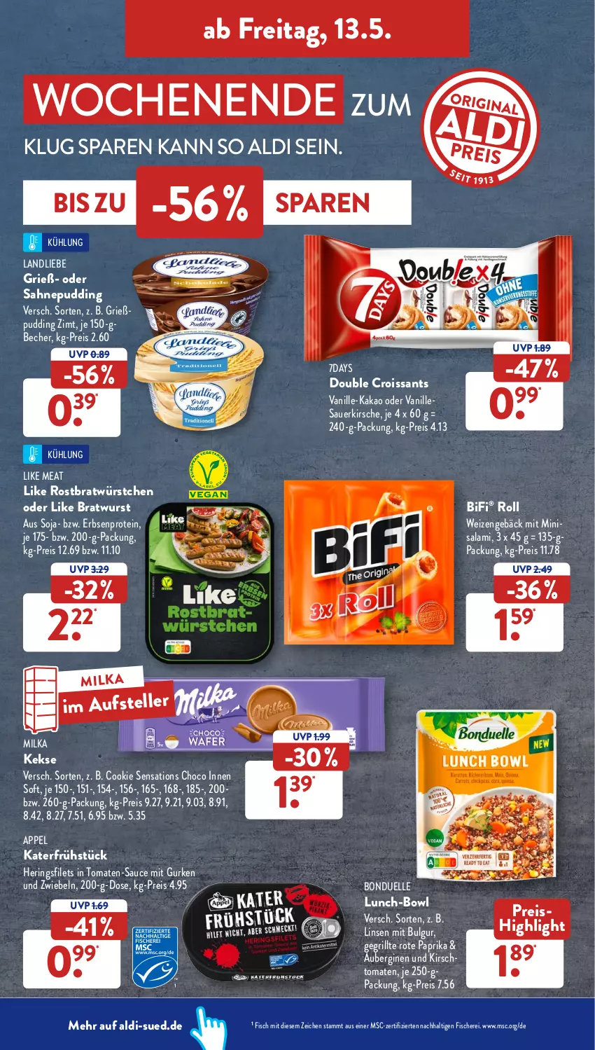 Aktueller Prospekt AldiSud - ALDI Aktuell - von 09.05 bis 14.05.2022 - strona 36 - produkty: aldi, aubergine, auberginen, auer, Becher, bifi, bonduelle, bratwurst, bulgur, cookie, Croissant, croissants, eis, elle, erbsen, filet, filets, fisch, fische, Fischer, gin, Grießpudding, grill, gurke, gurken, hering, Herings, heringsfilets, kakao, keks, kekse, kirsch, kirsche, landliebe, LG, Like Meat, linsen, milka, paprika, pudding, reis, ring, sahne, salami, sauce, Schere, sensations, soja, teller, Ti, tomate, tomaten, vanille, wurst, würstchen, zwiebel, zwiebeln