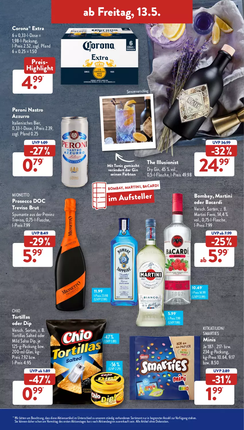 Aktueller Prospekt AldiSud - ALDI Aktuell - von 09.05 bis 14.05.2022 - strona 37 - produkty: alle artikel ohne dekoration, bacardi, bier, brut, corona, dekoration, dip, dry gin, ecco, eis, elle, flasche, gin, kitkat, lion, martini, mionetto, Peroni, prosecco, puma, reis, Salsa, smarties, spumante, teller, Ti, tonic, tortilla, tortillas, ZTE