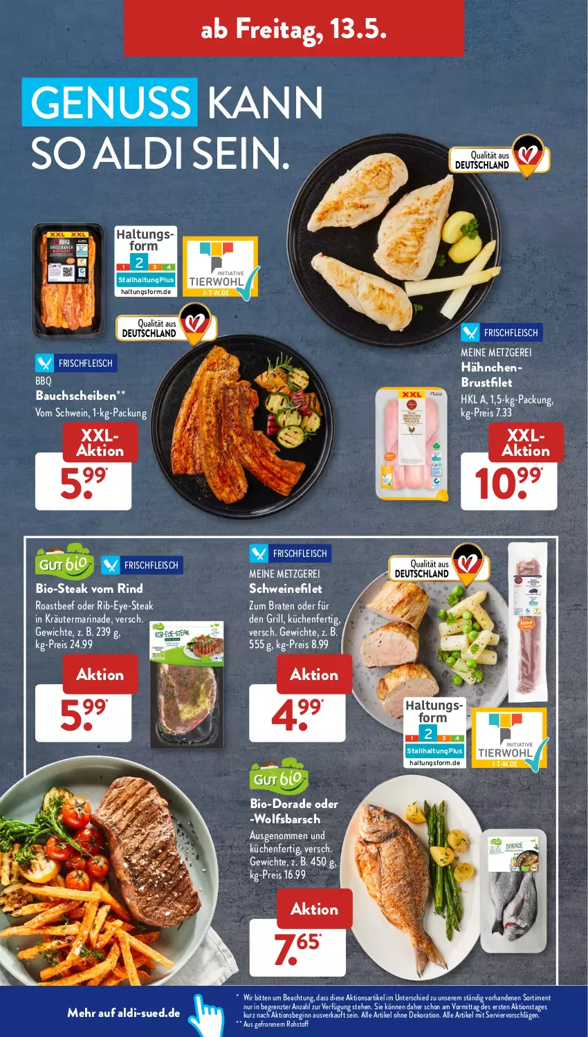 Aktueller Prospekt AldiSud - ALDI Aktuell - von 09.05 bis 14.05.2022 - strona 38 - produkty: aldi, alle artikel ohne dekoration, Bau, bauchscheiben, beef, bio, Bio-Steak, braten, brustfilet, dekoration, Dorade, eis, filet, fleisch, gin, grill, hähnchenbrust, hähnchenbrustfilet, kräuter, küche, Küchen, marinade, nuss, reis, rind, roastbeef, schwein, schweine, schweinefilet, steak, Ti, wein, weine, wolfsbarsch, ZTE