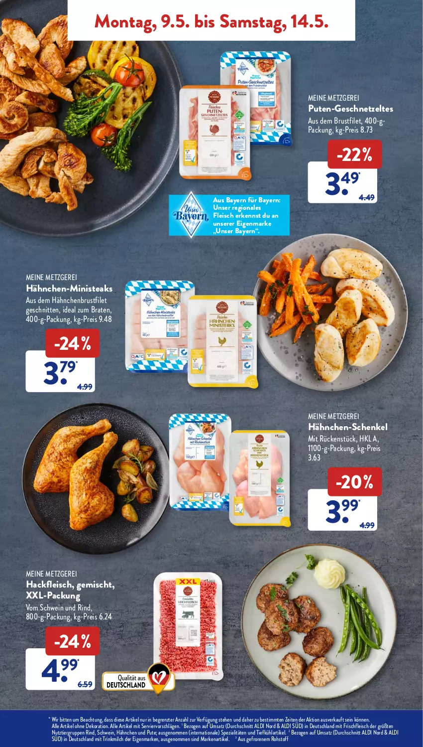 Aktueller Prospekt AldiSud - ALDI Aktuell - von 09.05 bis 14.05.2022 - strona 4 - produkty: aldi, alle artikel ohne dekoration, braten, brustfilet, dekoration, eis, filet, fleisch, geschnetzeltes, hackfleisch, hähnchen-schenkel, hähnchenbrust, hähnchenbrustfilet, henkel, ideal zum braten, milch, pute, reis, rind, schenkel, schnitten, schwein, schwein und rind, Spezi, steak, steaks, Ti, vom schwein und rind, wein, xxl-packung, Zelt, ZTE