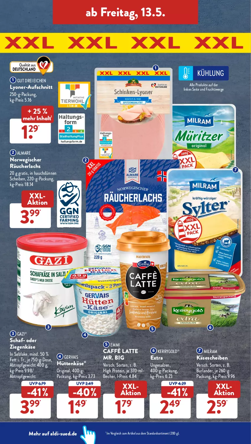 Aktueller Prospekt AldiSud - ALDI Aktuell - von 09.05 bis 14.05.2022 - strona 40 - produkty: aldi, almare, aufschnitt, Becher, burlander, caffè latte, eis, emmi, frucht, fruchtzwerge, gervais, gin, Käse, käsescheiben, kerrygold, lachs, latte, lyoner, milram, Räucherlachs, reis, rwe, salz, Ti, Yo, ziegenkäse