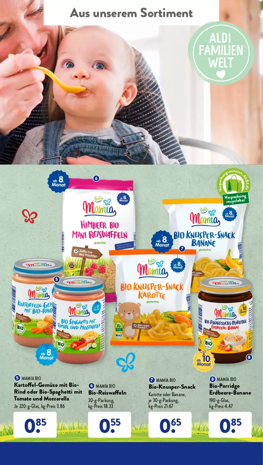 Aktueller Prospekt AldiSud - ALDI Aktuell - von 09.05 bis 14.05.2022 - strona 49 - produkty: banane, beere, bio, eis, eiswaffeln, erdbeere, kartoffel, mam, mozzarella, porridge, reis, Reiswaffeln, rel, rind, snack, spaghetti, Ti, tomate, waffeln