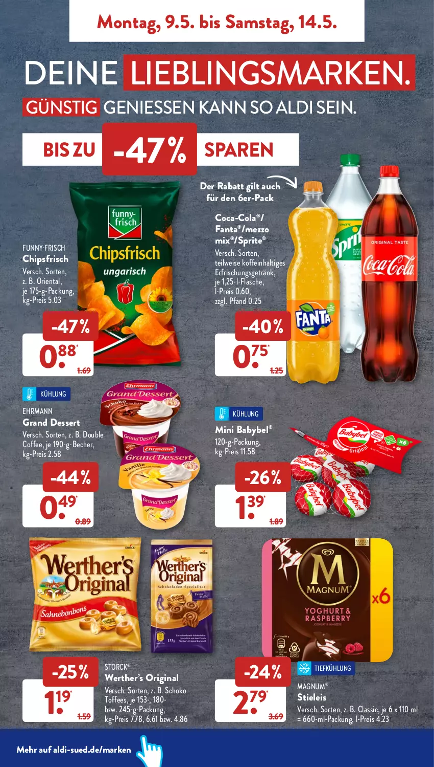 Aktueller Prospekt AldiSud - ALDI Aktuell - von 09.05 bis 14.05.2022 - strona 9 - produkty: aldi, babybel, Becher, chips, chipsfrisch, coca-cola, cola, dessert, ehrmann, eis, erfrischungsgetränk, fanta, flasche, funny-frisch, getränk, gin, magnum, Mezzo Mix, mini babybel, reis, schoko, sprite, stieleis, storck, Ti