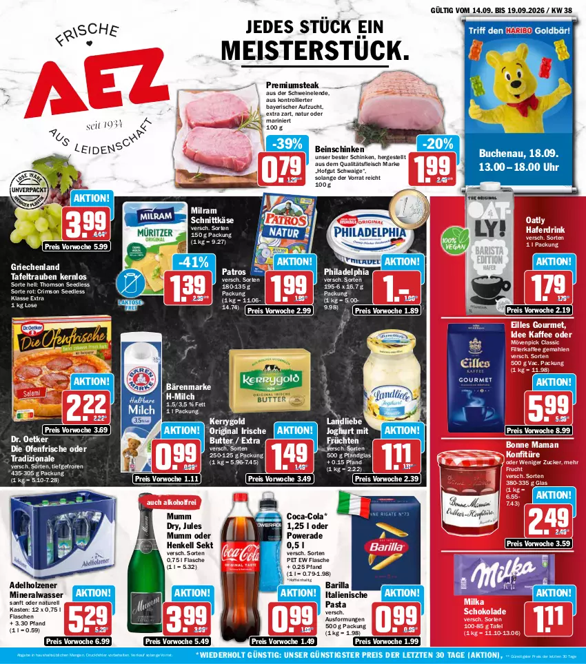 Aktueller Prospekt Aez - Prospekte - von 14.09 bis 19.09.2026 - strona 1 - produkty: adelholzener, alkohol, Alwa, bärenmarke, barilla, bonne maman, buch, butter, coca-cola, cola, die ofenfrische, Dr. Oetker, drink, eilles gourmet, eis, filterkaffee, flasche, fleisch, frucht, früchte, früchten, gin, hafer, Haferdrink, henkel, henkell, henkell sekt, hofgut, Holz, irische butter, joghur, joghurt, jules mumm, kaffee, Käse, kerrygold, konfitüre, landliebe, landliebe joghurt, mam, Meister, milch, milka, milka schokolade, milram, mineralwasser, mövenpick, mumm, natur, Ofen, pasta, patros, philadelphia, reis, rel, schinken, schnittkäse, schoko, schokolade, schwein, schweine, sekt, steak, tafeltrauben, thomson, Ti, tradizionale, trauben, trolli, uhr, wasser, wein, weine, ZTE, zucker