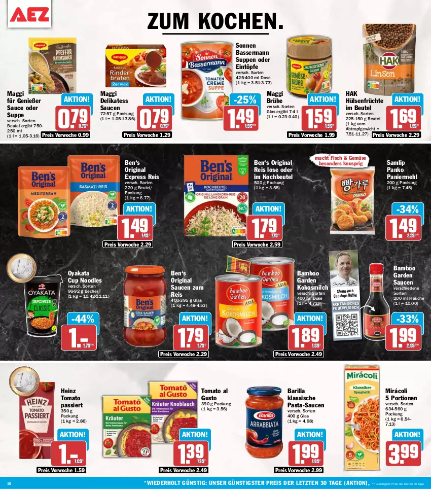 Aktueller Prospekt Aez - Prospekte - von 14.09 bis 19.09.2026 - strona 10 - produkty: bamboo, barilla, Becher, beutel, Brühe, delikatess sauce, eintöpfe, eis, fisch, flasche, fleisch, früchte, gin, heinz, hülsenfrüchte, kochbeutel, kokos, kokosmilch, mac, maggi, mehl, milch, Mirácoli, Paniermehl, pasta, pasta-sauce, reis, sauce, saucen, senf, suppe, suppen, Ti, tomato al gusto, ZTE