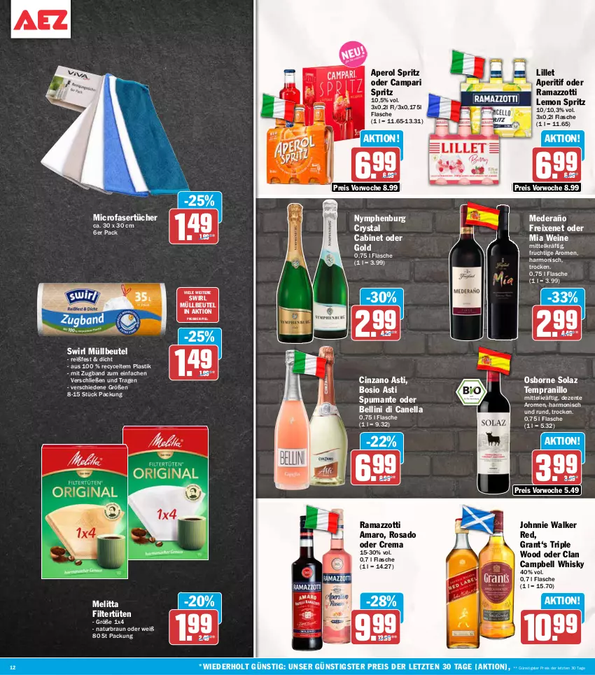 Aktueller Prospekt Aez - Prospekte - von 14.09 bis 19.09.2026 - strona 12 - produkty: amaro, aperitif, aperol, asti, beutel, braun, campari, cin, cinzano, Cinzano Asti, eis, ente, flasche, freixenet, frucht, Grant‘s, johnnie walker, lillet, melitta, müllbeutel, natur, olaz, osborne, puma, rama, ramazzott, ramazzotti, reis, spumante, swirl, tempranillo, Ti, tücher, Tüte, wein, weine, whisky, zott, ZTE