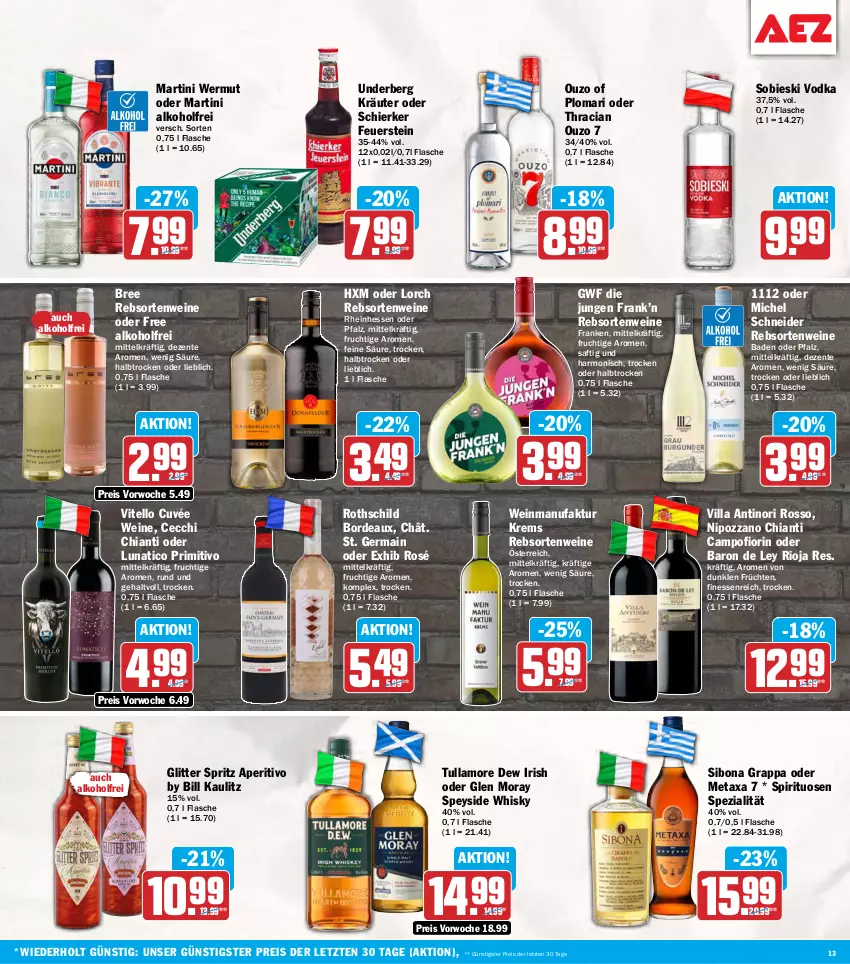 Aktueller Prospekt Aez - Prospekte - von 14.09 bis 19.09.2026 - strona 13 - produkty: alkohol, Bad, Bona, bree, chia, chianti, cuvée, eis, ente, Faktu, finesse, flasche, frucht, früchte, früchten, Germ, grappa, kräuter, martini, Metaxa, Michel Schneider, ouzo, primitivo, rebsortenweine, reis, rioja, saft, Spezi, spirituosen, Ti, tullamore, tullamore dew, underberg, vodka, wein, weine, whisky, ZTE