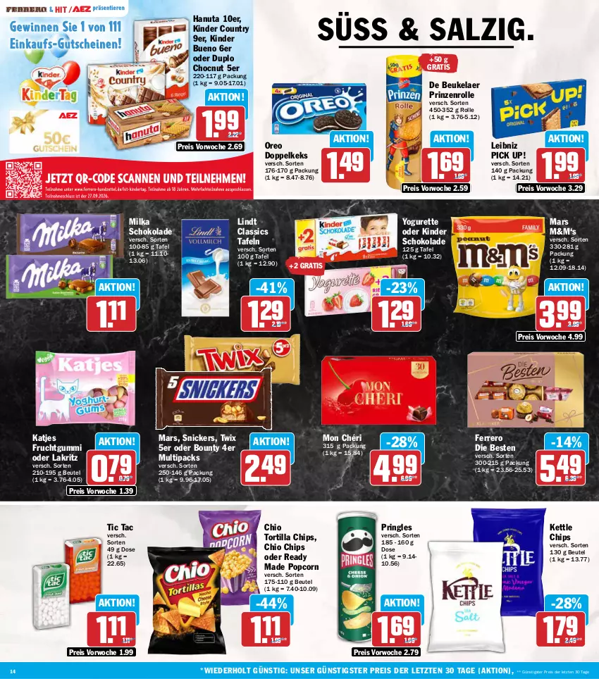 Aktueller Prospekt Aez - Prospekte - von 14.09 bis 19.09.2026 - strona 14 - produkty: beutel, bounty, chio chips, chips, de beukelaer, duplo, eis, ferrero, frucht, fruchtgummi, hanuta, katjes, keks, Kinder, kinder bueno, kinder country, kinder schokolade, Lakritz, leibniz, lindt, mars, milka, milka schokolade, Mon Chéri, oder lakritz, oreo, Pick Up!, popcorn, pringles, prinzenrolle, reis, ring, salz, schoko, schokolade, snickers, Ti, tortilla, Tortilla Chips, twix, Yo, yogurette, ZTE