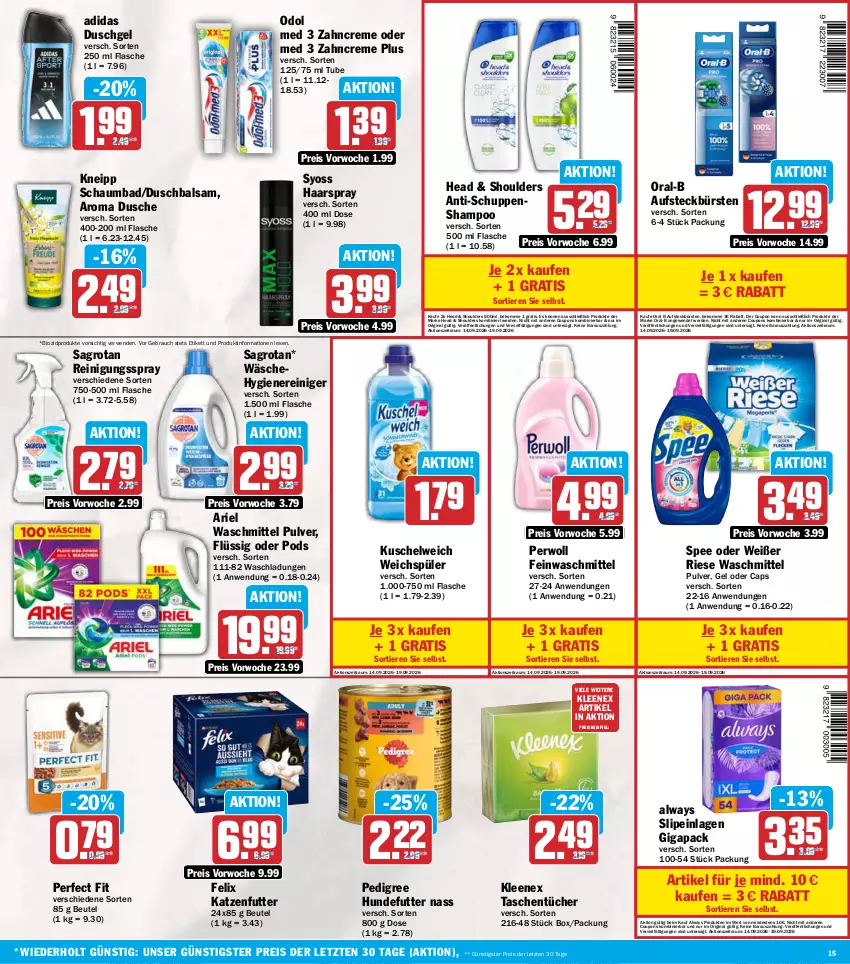 Aktueller Prospekt Aez - Prospekte - von 14.09 bis 19.09.2026 - strona 15 - produkty: Adidas, Alwa, Always, ariel, ariel waschmittel, aufsteckbürsten, Bad, balsam, beko, beutel, bio, biozidprodukte, bürste, bürsten, Cap, coupon, coupons, creme, dusche, duschgel, eis, erde, feinwaschmittel, felix, flasche, gin, haarspray, katzenfutter, kneipp, Kuschelweich, Odol, odol med, Oral B, oral-b, pedigree, Perfect Fit, perwoll, Pods, Rauch, reiniger, Reinigung, reis, rwe, sagrotan, schaumbad, shampoo, slip, slipeinlagen, spee, syoss, Tasche, taschen, taschentücher, Ti, Tiere, tücher, waschmittel, weichspüler, Yo, zahncreme, ZTE