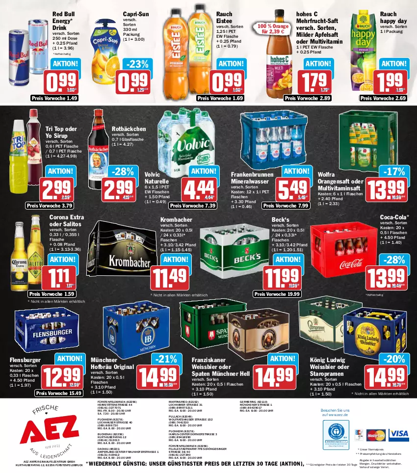 Aktueller Prospekt Aez - Prospekte - von 14.09 bis 19.09.2026 - strona 16 - produkty: AEZ, Alwa, apfel, apfelsaft, bier, brunnen, buch, burger, Cap, capri-sun, coca-cola, cola, corona, corona extra, drink, drucker, eis, eistee, elle, Engel, ente, flasche, flensburger, franziskaner, frucht, Germ, gin, glasflasche, Happy Day, Hohes C, kerze, krombache, krombacher, mineralwasser, Multivitaminsaft, natur, orange, orangen, orangensaft, perla, Rauch, red bull, reis, rel, ring, rum, saft, sirup, Spaten, Staropramen, tee, teller, Ti, uhr, vita, volvic, wasser, weissbier, Yo, ZTE