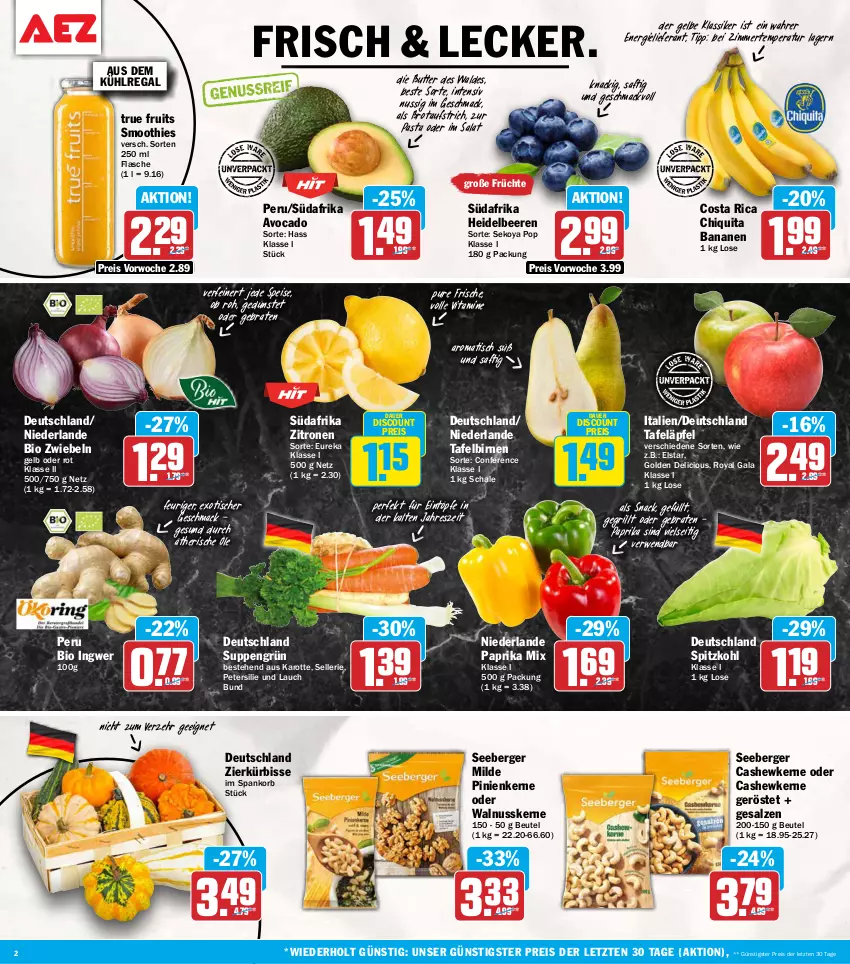 Aktueller Prospekt Aez - Prospekte - von 14.09 bis 19.09.2026 - strona 2 - produkty: auer, aufstrich, aus dem kühlregal, avocado, banane, bananen, beere, beeren, Berger, beutel, bio, Birnen, braten, brot, brotaufstrich, butter, Cashew, cashewkerne, chiquita, discount, eintöpfe, eis, elle, flasche, früchte, grill, heidelbeere, heidelbeeren, ingwer, korb, kühlregal, Kürbis, mac, nuss, paprika, paprika mix, pasta, petersilie, pinienkerne, regal, reis, rwe, saft, salat, salz, Schal, Schale, seeberger, smoothie, smoothies, snack, spitzkohl, suppe, suppen, tafeläpfel, tafelbirnen, Ti, tisch, true fruits, vita, Vitamine, walnuss, walnusskerne, zitrone, zitronen, ZTE, zwiebel, zwiebeln