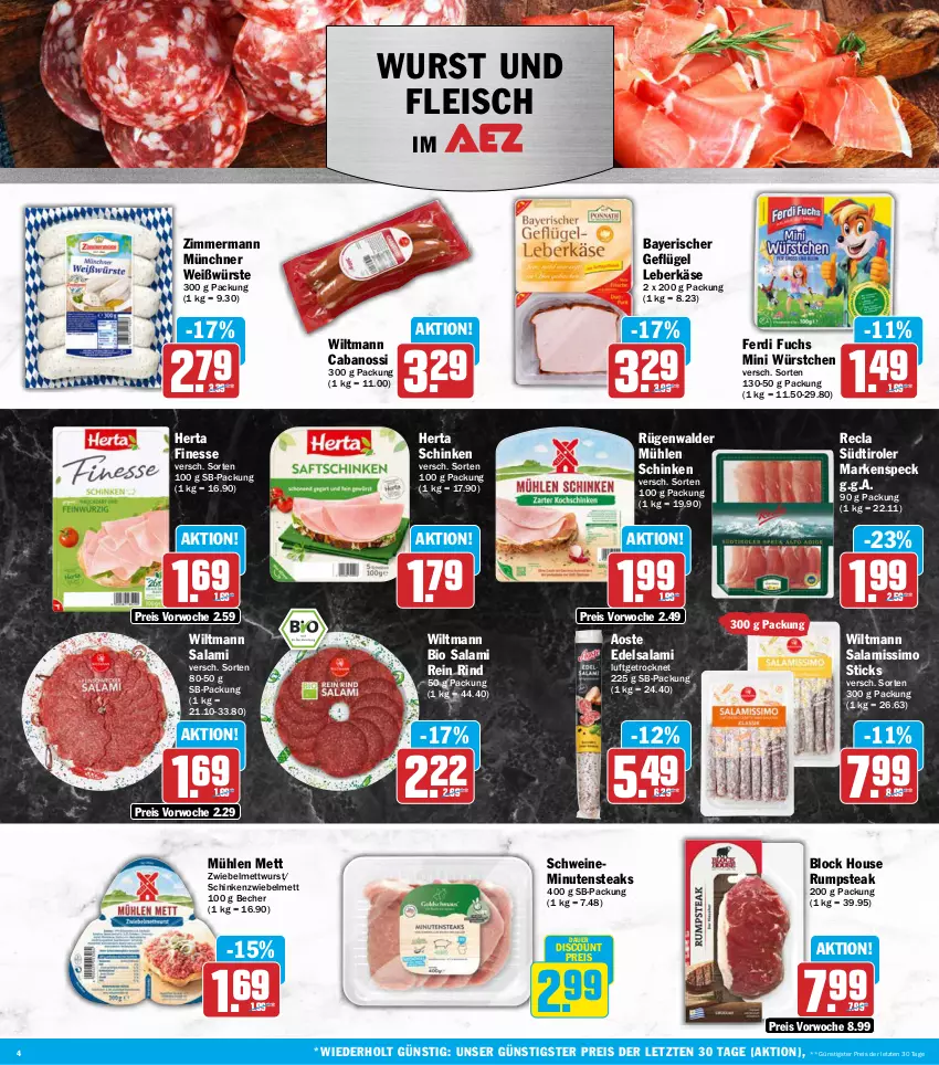 Aktueller Prospekt Aez - Prospekte - von 14.09 bis 19.09.2026 - strona 4 - produkty: auer, Becher, bio, Cabanossi, discount, Edelsalami, eis, ferdi fuchs, finesse, fleisch, Geflügel, herta, herta finesse, Käse, leberkäs, leberkäse, Mett, mettwurst, minutensteaks, mühlen schinken, reis, rind, rügenwalder, rügenwalder mühle, rum, rumpsteak, salami, schinken, schwein, schweine, sim, Speck, steak, steaks, südtiroler, Ti, wein, weine, wiltmann, wurst, würstchen, ZTE, zwiebel, zwiebelmettwurst