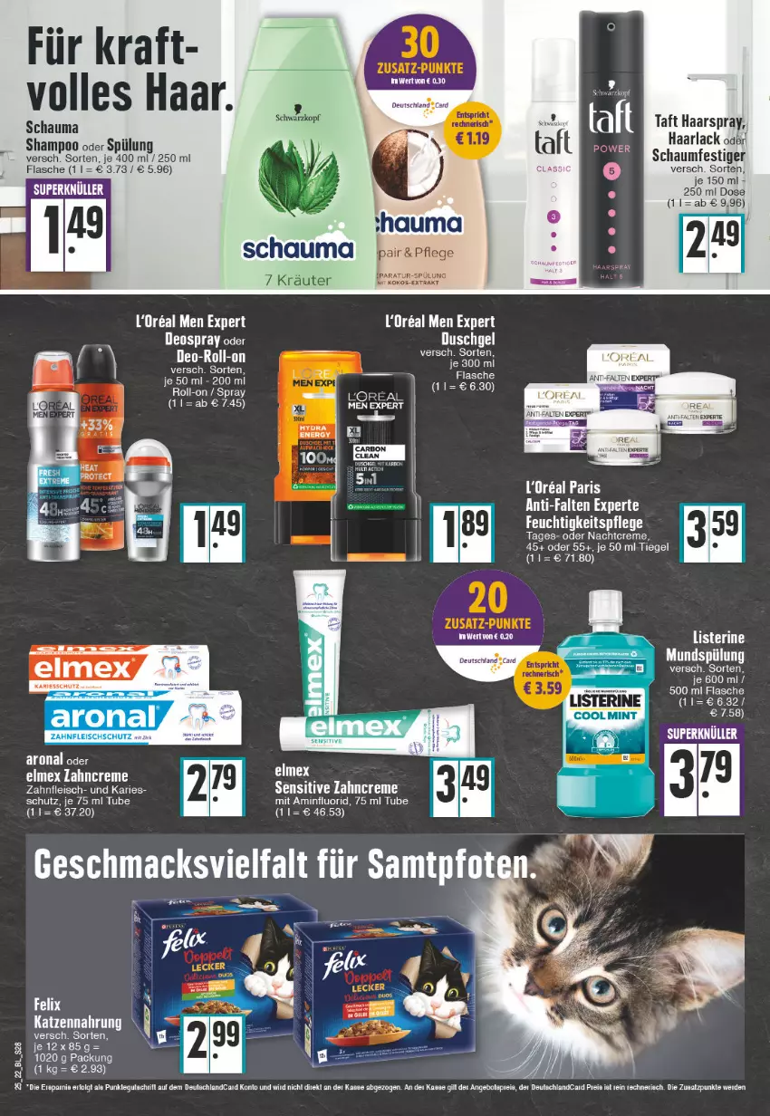 Aktueller Prospekt Edeka - Angebote der Woche - von 20.06 bis 25.06.2022 - strona 28 - produkty: anti-falten experte, arla, auer, creme, deo, deospray, duschgel, eier, elle, elmex, erde, felix, feuchtigkeitspflege, flasche, Haarlack, katzennahrung, kraft, kräuter, l'oreal, lack, listerine, loreal, mundspülung, nachtcreme, roll-on, schauma, schaumfestiger, shampoo, spülung, tee, Ti, zahncreme