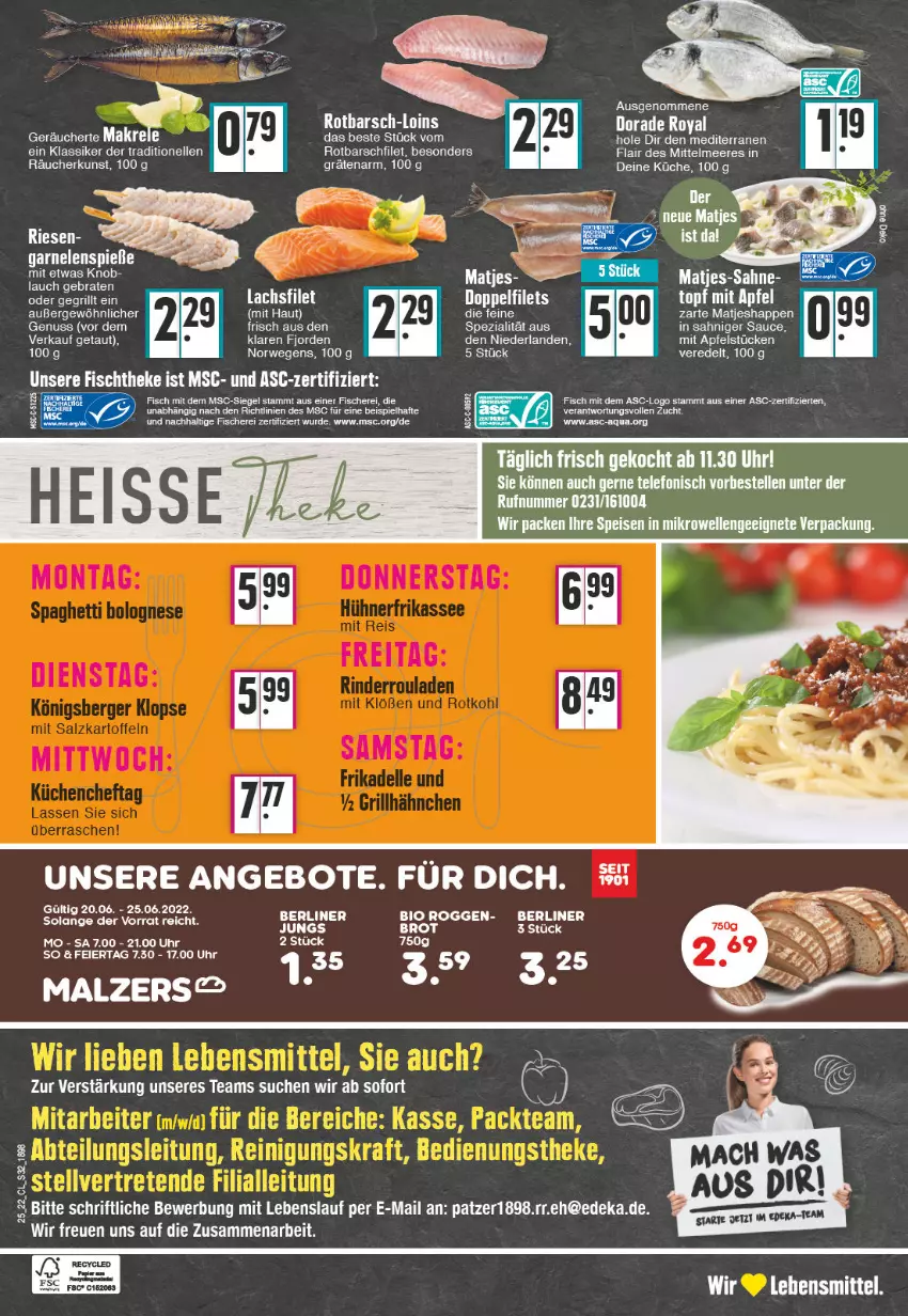 Aktueller Prospekt Edeka - Angebote der Woche - von 20.06 bis 25.06.2022 - strona 32 - produkty: angebot, angebote, apfel, aqua, berliner, bio, braten, brot, deka, Dorade, dorade royal, eier, eis, elle, ente, filet, fisch, fische, Fischer, garnelen, grill, küche, lachs, lachsfilet, matjes, nuss, papier, Rotbarsch, rotbarschfilet, rwe, sahne, sauce, Schere, Spezi, telefon, Ti, uhr